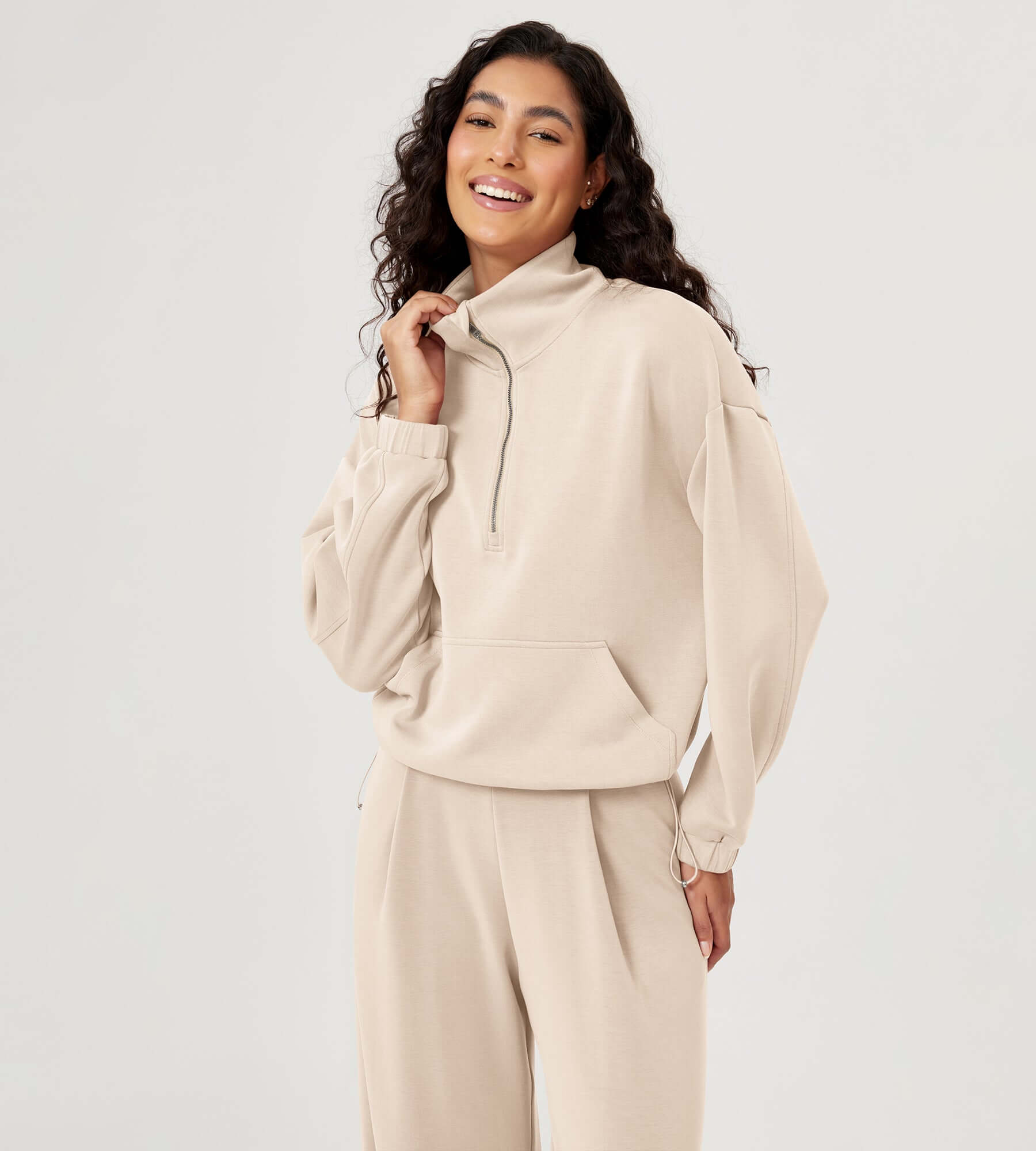 Modal Soft Cinchable Half Zipper Funnel Neck Oversize Pullover - ododos