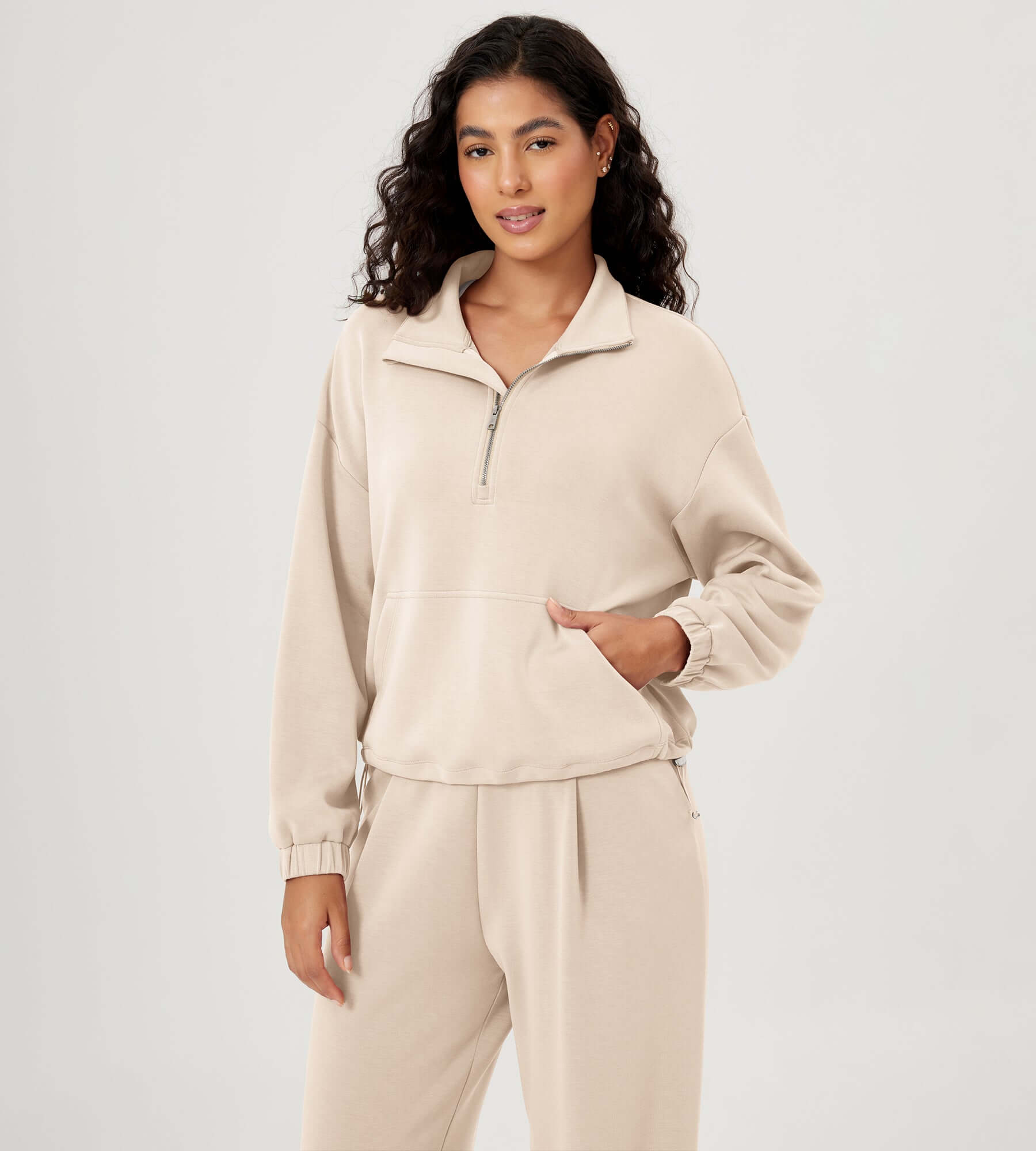 Modal Soft Cinchable Half Zipper Funnel Neck Oversize Pullover Ivory - ododos