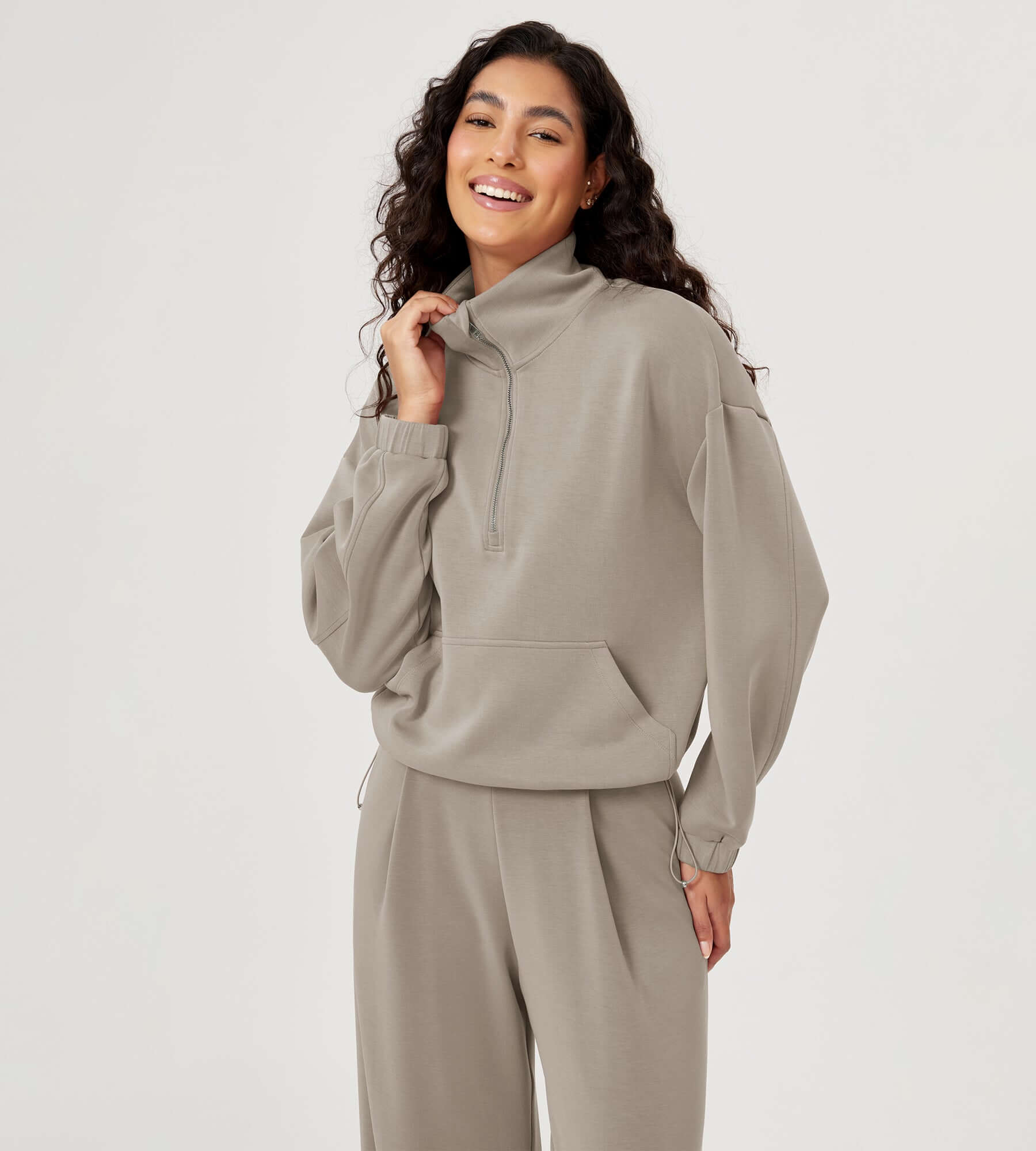 Modal Soft Cinchable Half Zipper Funnel Neck Oversize Pullover - ododos