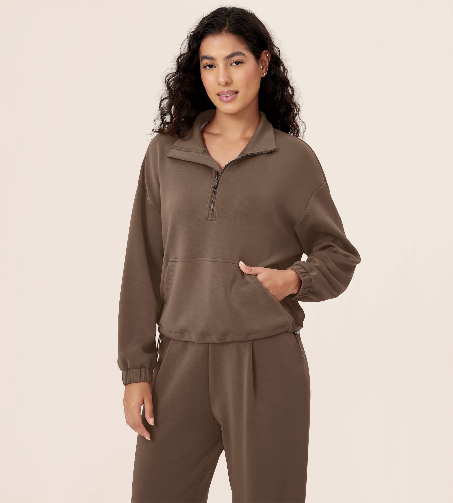 Modal Soft Cinchable Half Zipper Funnel Neck Oversize Pullover - ododos