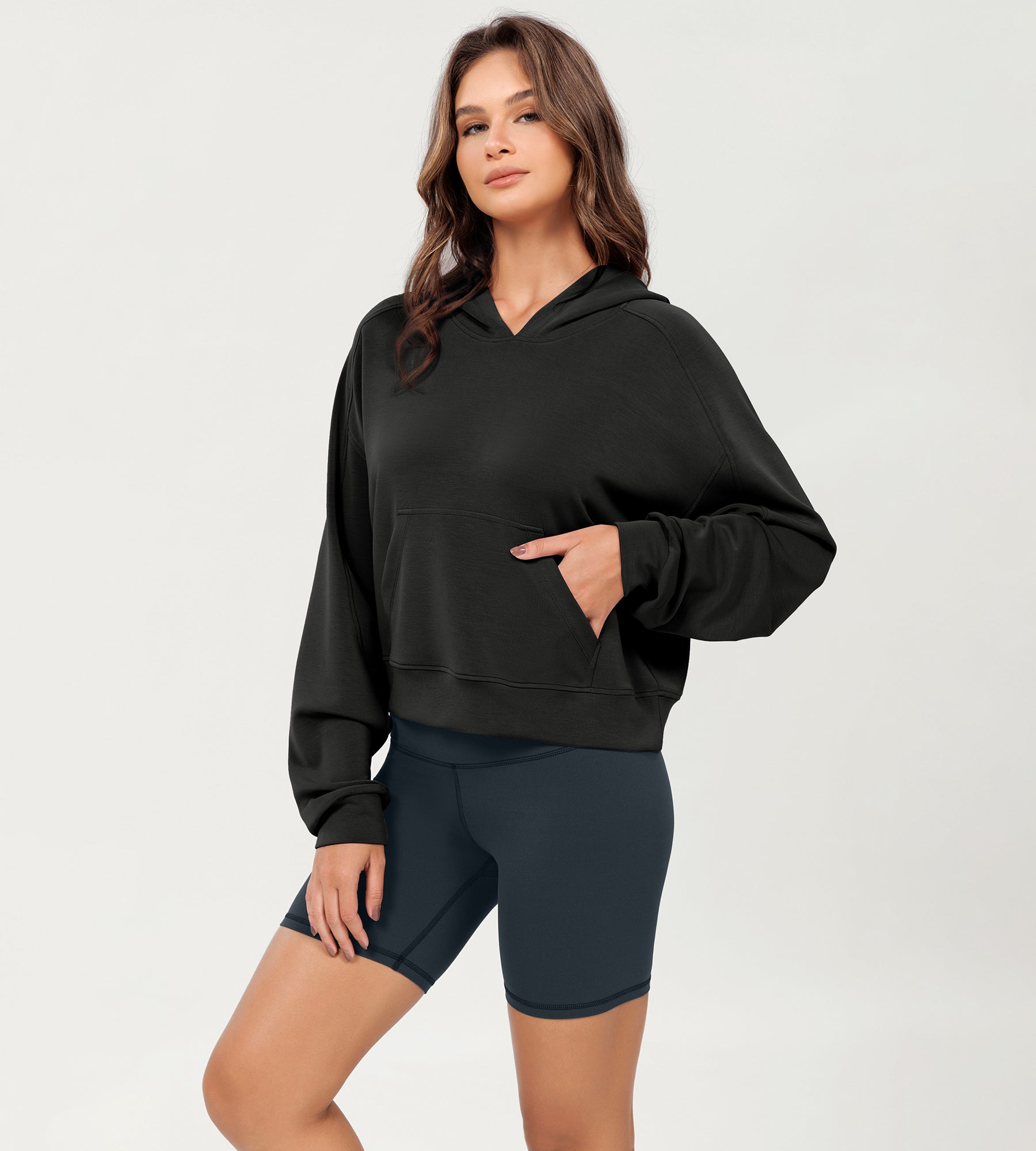 Modal Soft Oversized Long Sleeve Cropped Hoodie Black - ododos