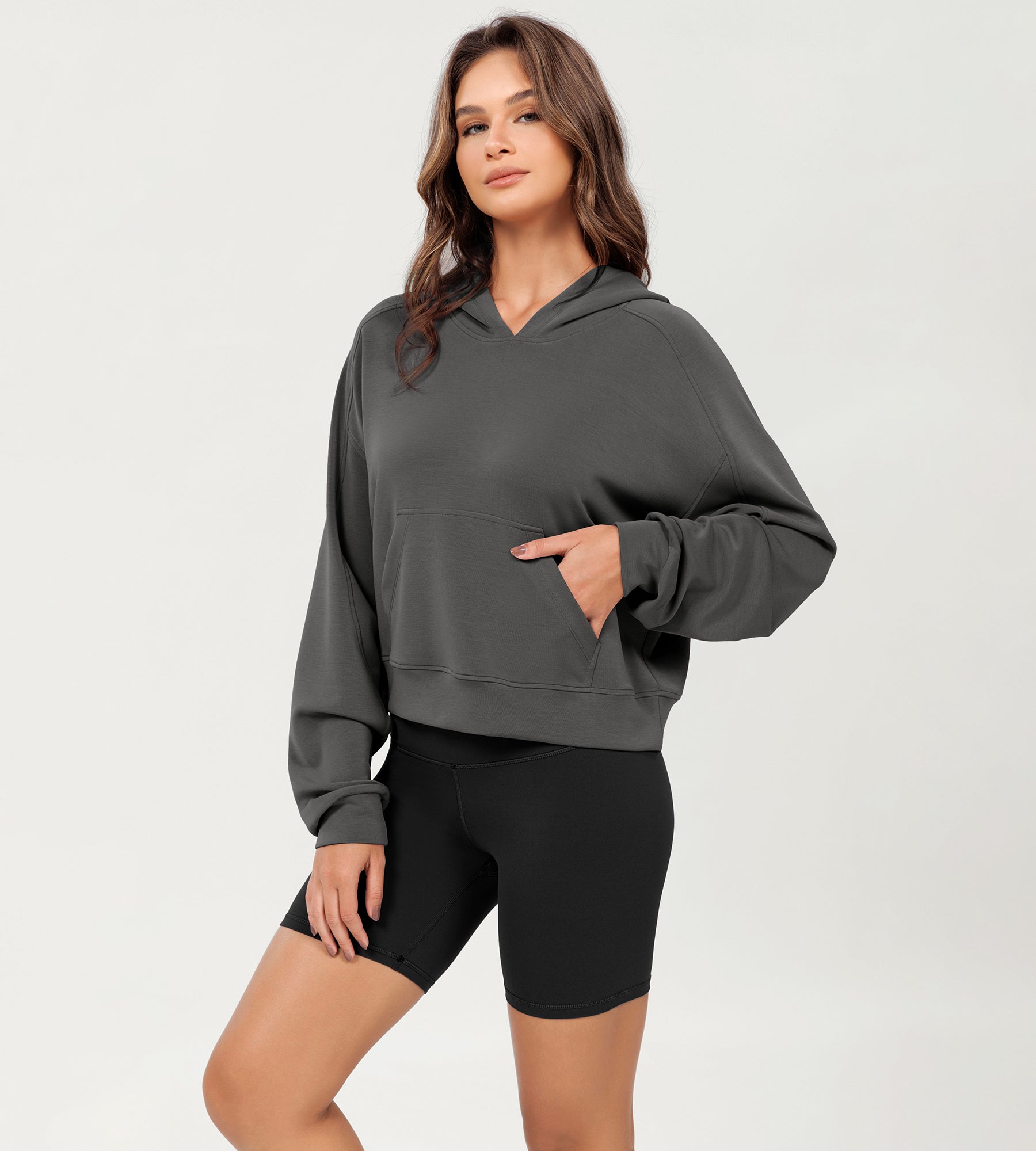 Modal Soft Oversized Long Sleeve Cropped Hoodie Charcoal - ododos