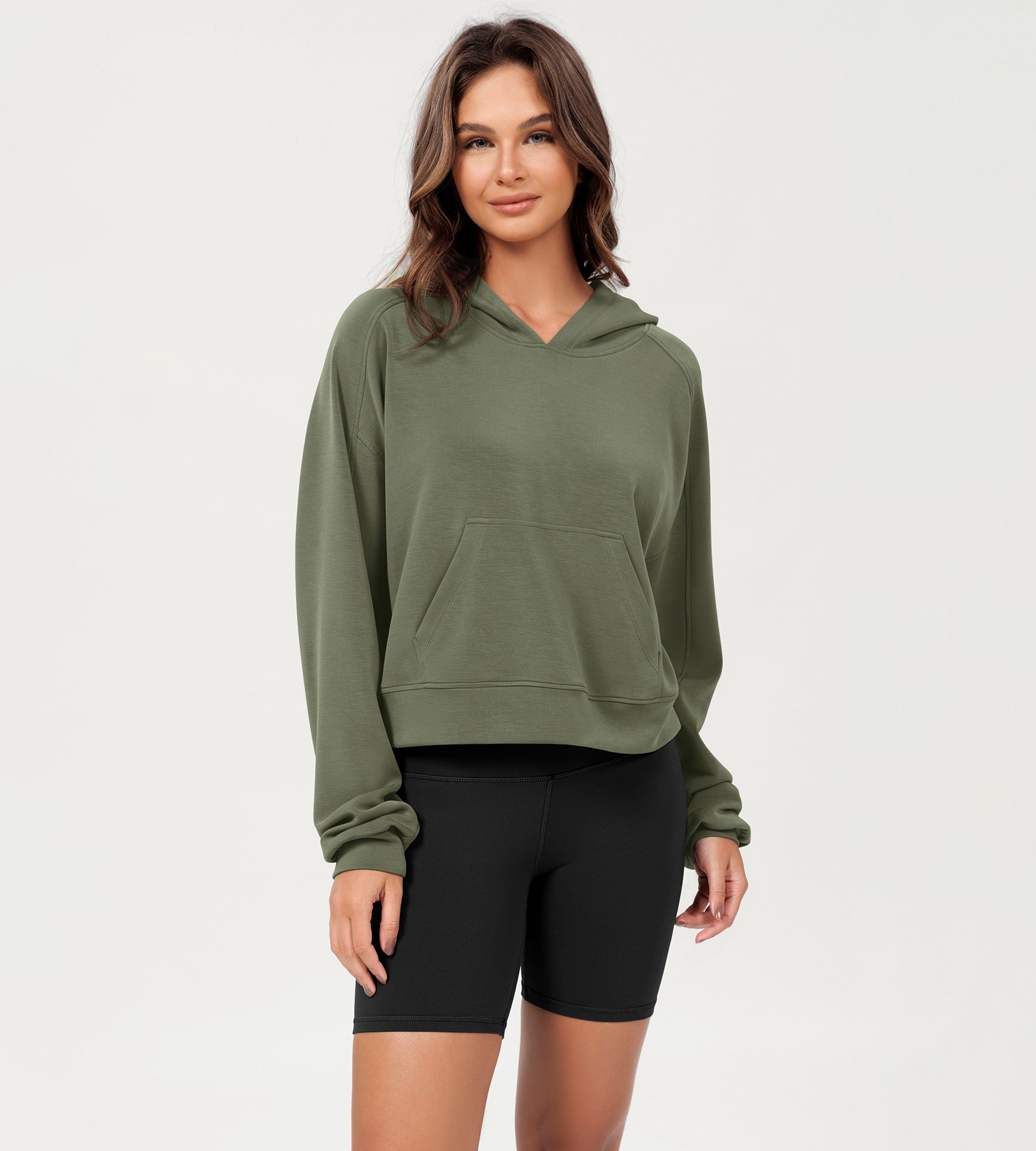 Modal Soft Oversized Long Sleeve Cropped Hoodie Dark Sage - ododos