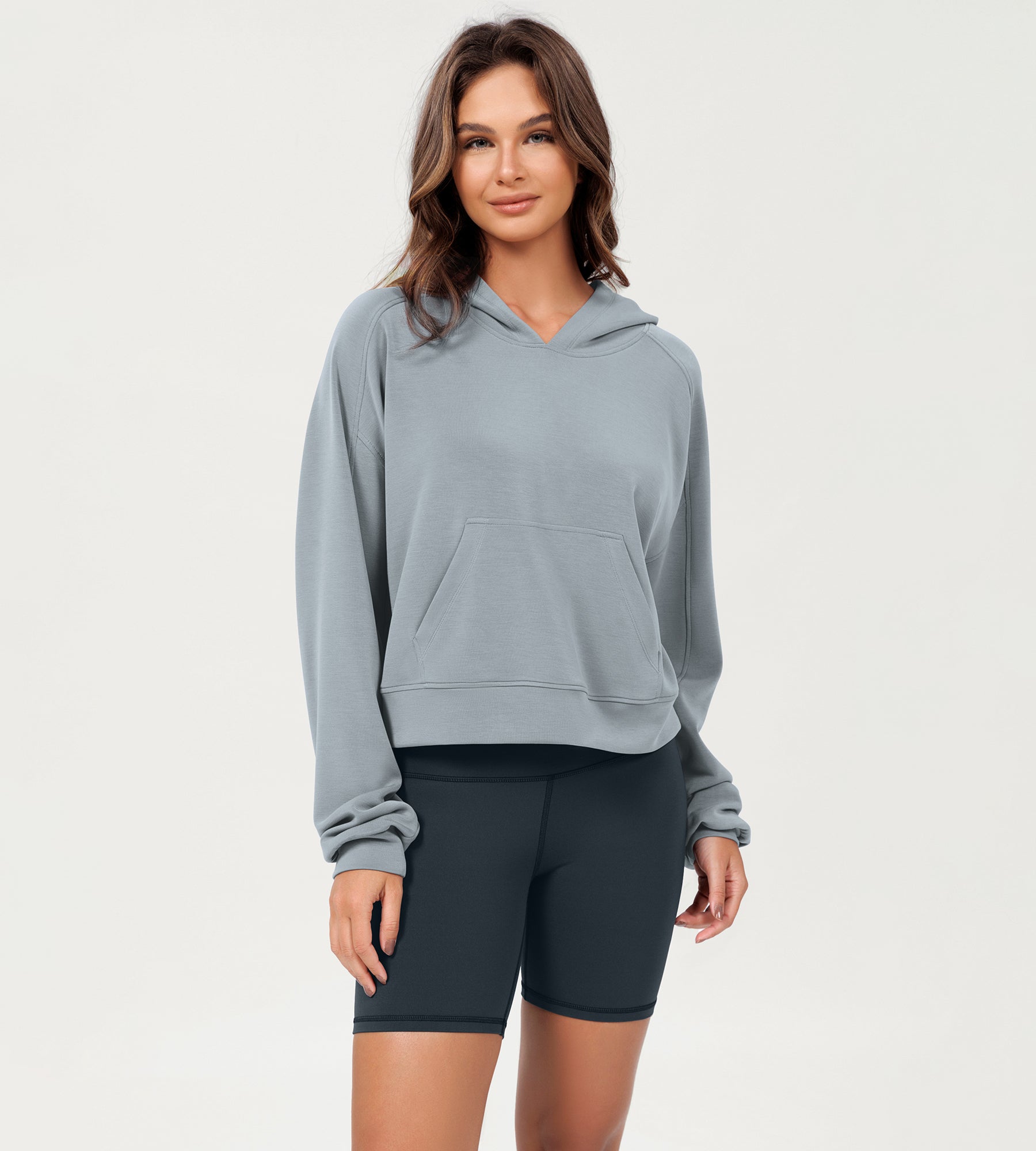 Modal Soft Oversized Long Sleeve Cropped Hoodie Grey Blue - ododos