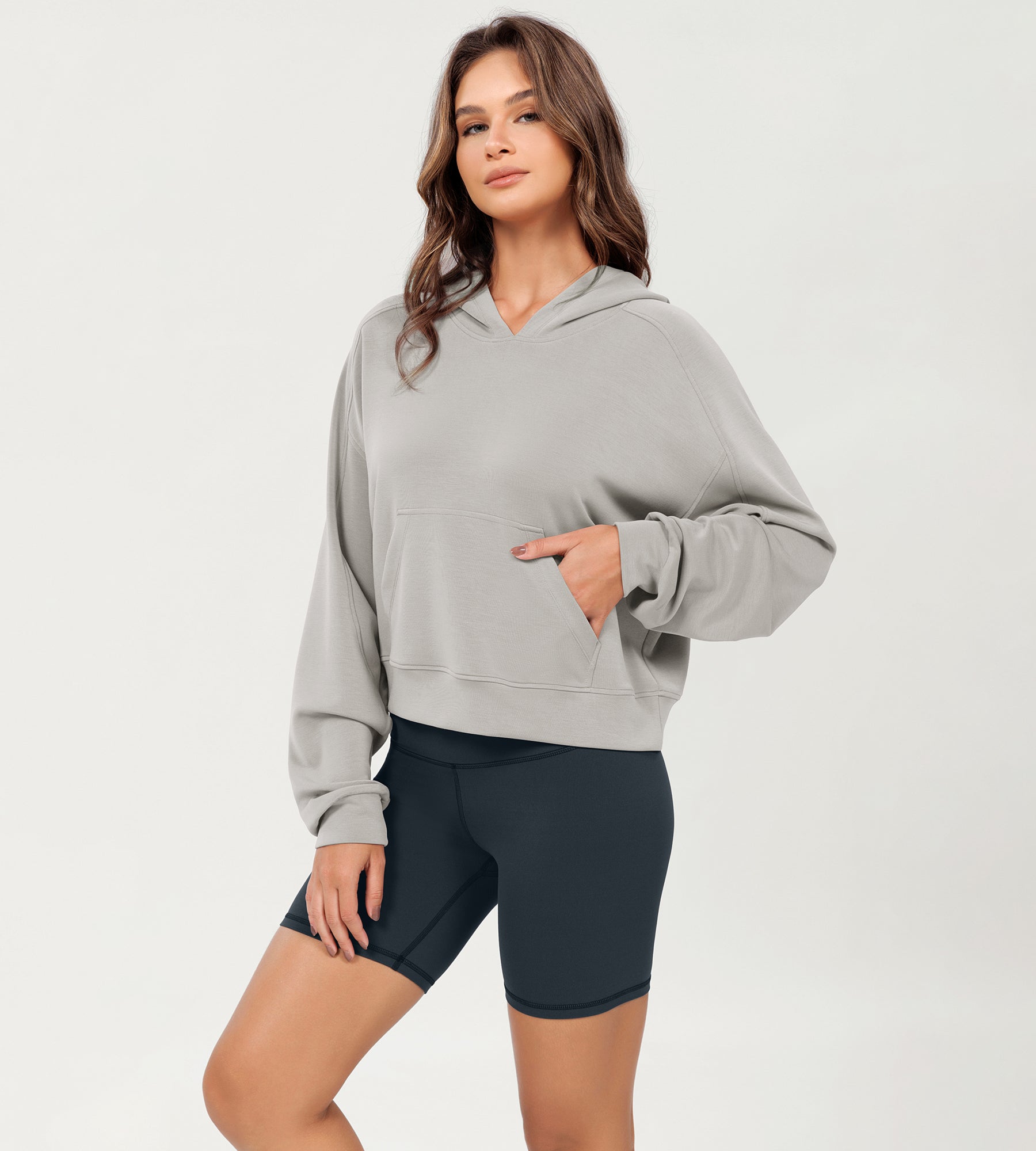 Modal Soft Oversized Long Sleeve Cropped Hoodie Light Gray - ododos