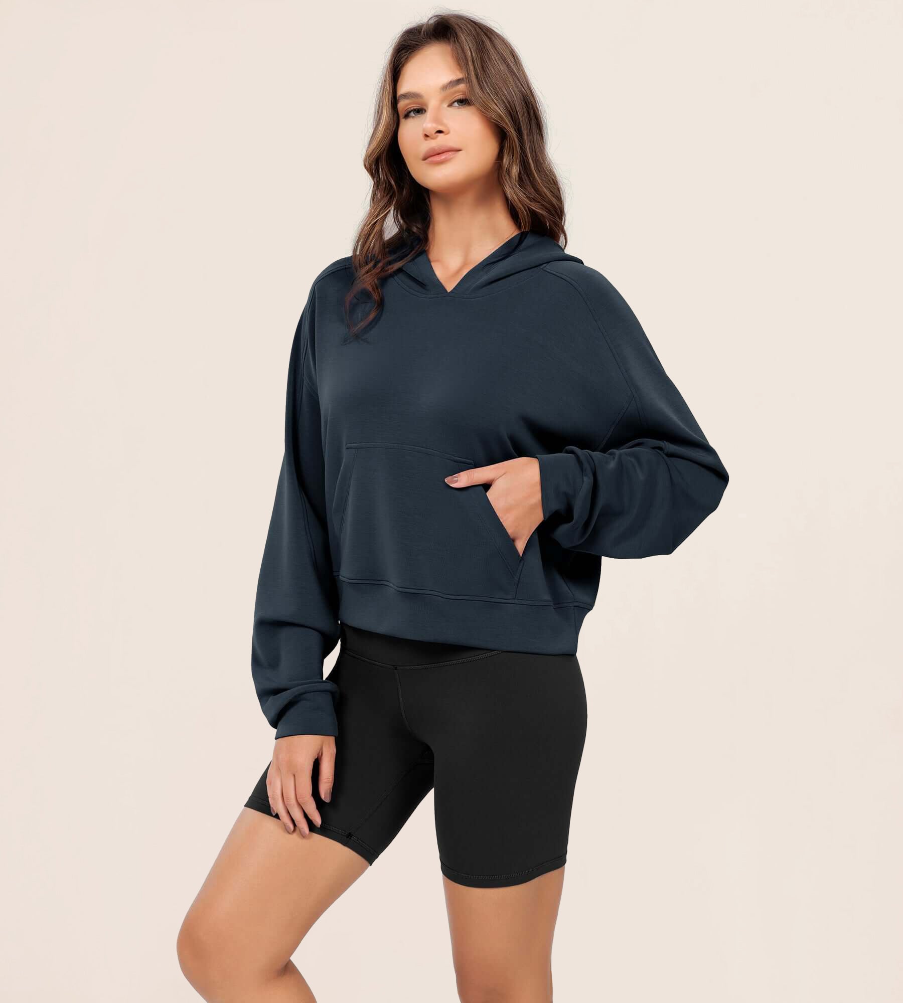 Modal Soft Oversized Long Sleeve Cropped Hoodie Navy - ododos