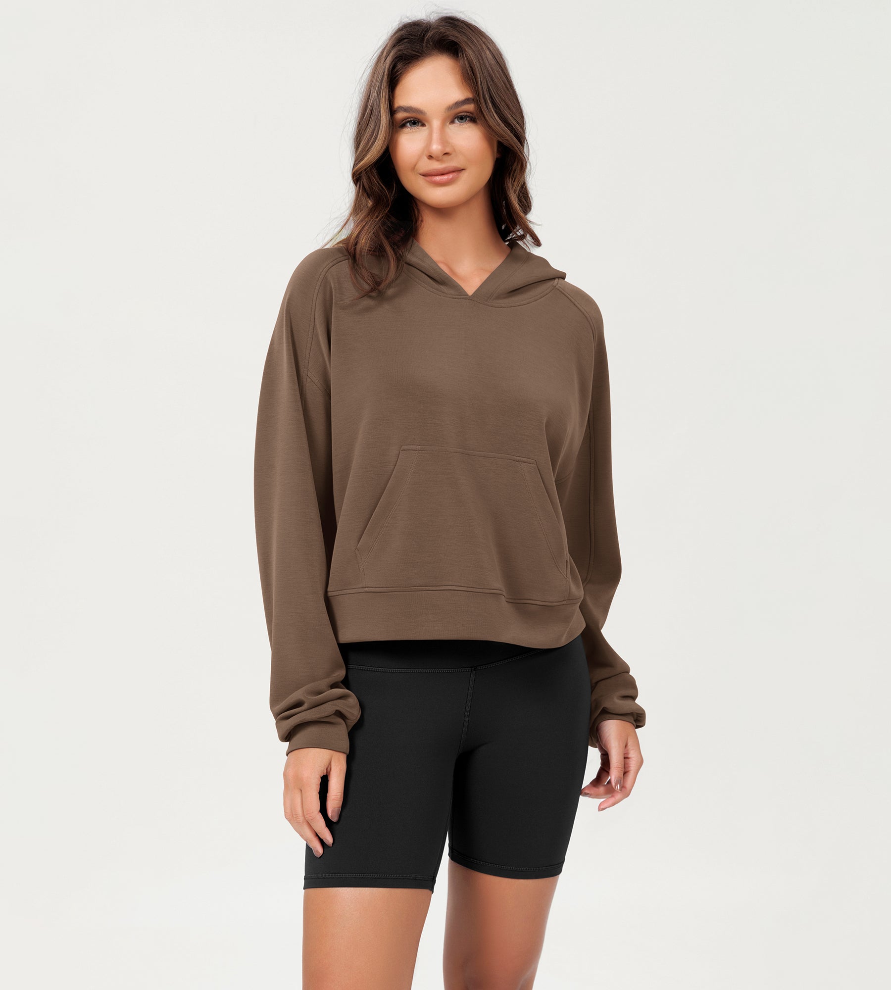 Modal Soft Oversized Long Sleeve Cropped Hoodie Nutria - ododos