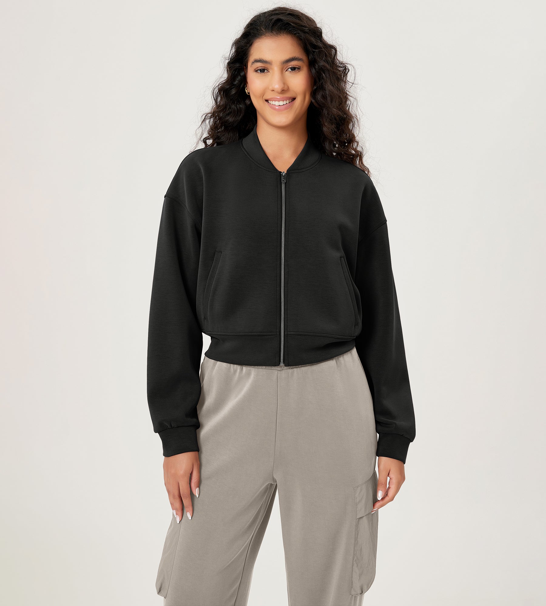 Modal Soft Full-Zip Bomber Casual Outfit Crop Jacket with Pockets Black - ododos