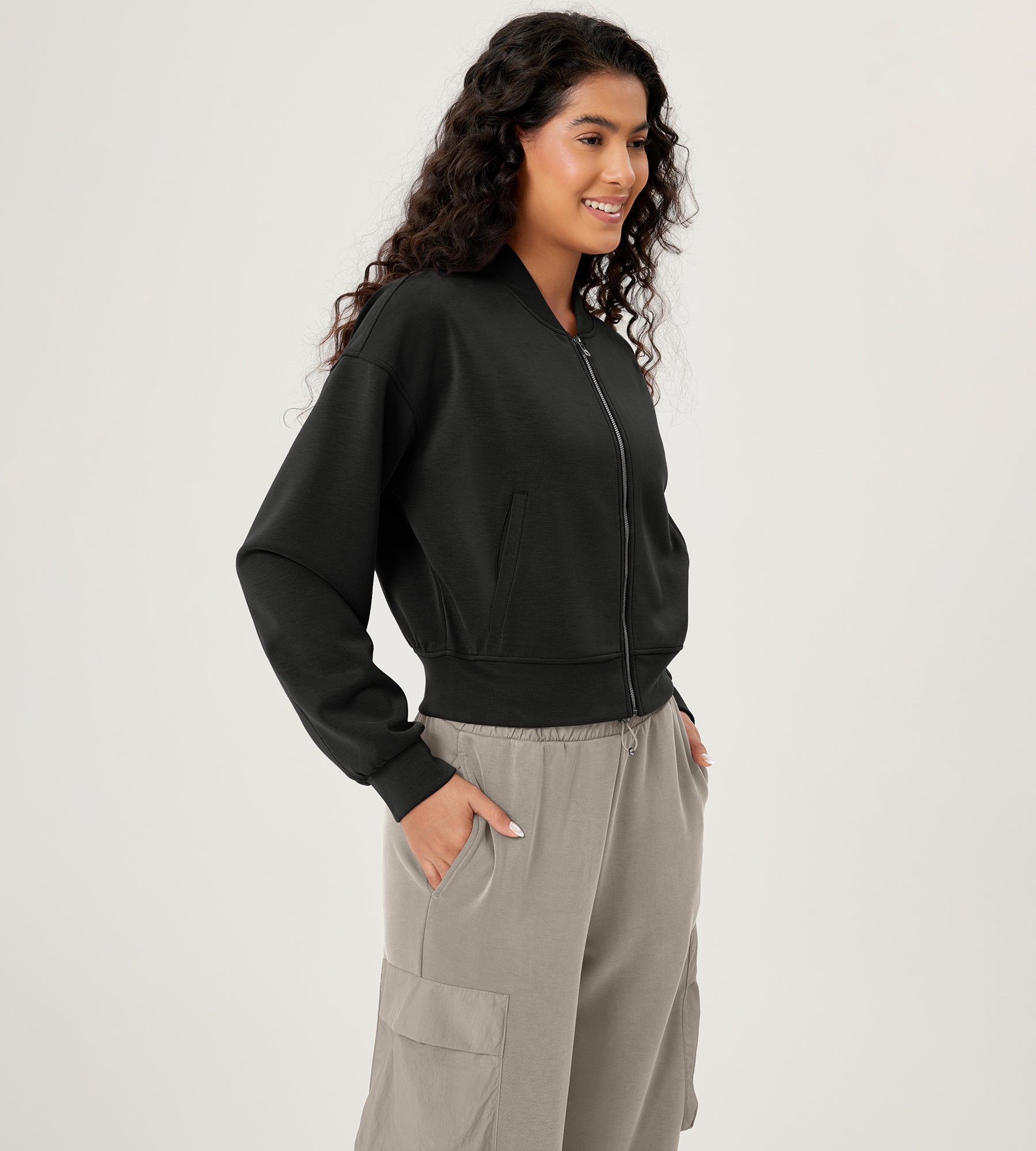 Modal Soft Full-Zip Bomber Casual Outfit Crop Jacket with Pockets - ododos