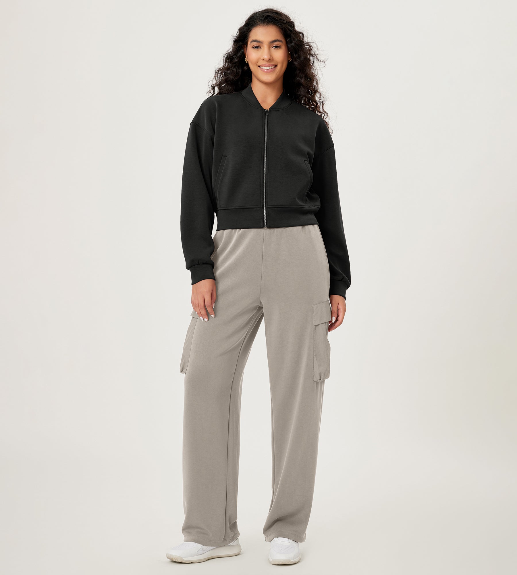 Modal Soft Full-Zip Bomber Casual Outfit Crop Jacket with Pockets - ododos