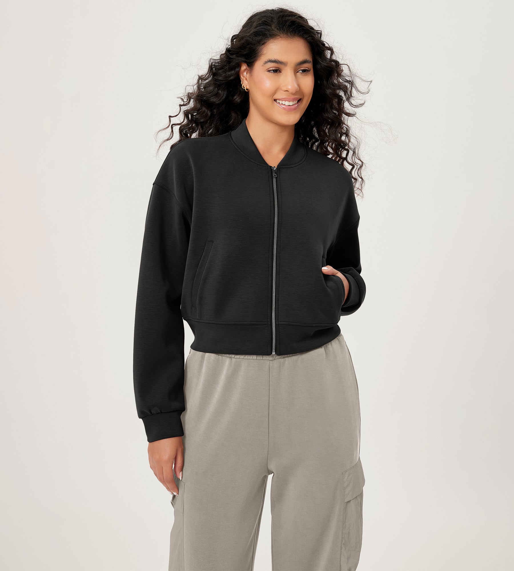 Modal Soft Full-Zip Bomber Casual Outfit Crop Jacket with Pockets - ododos