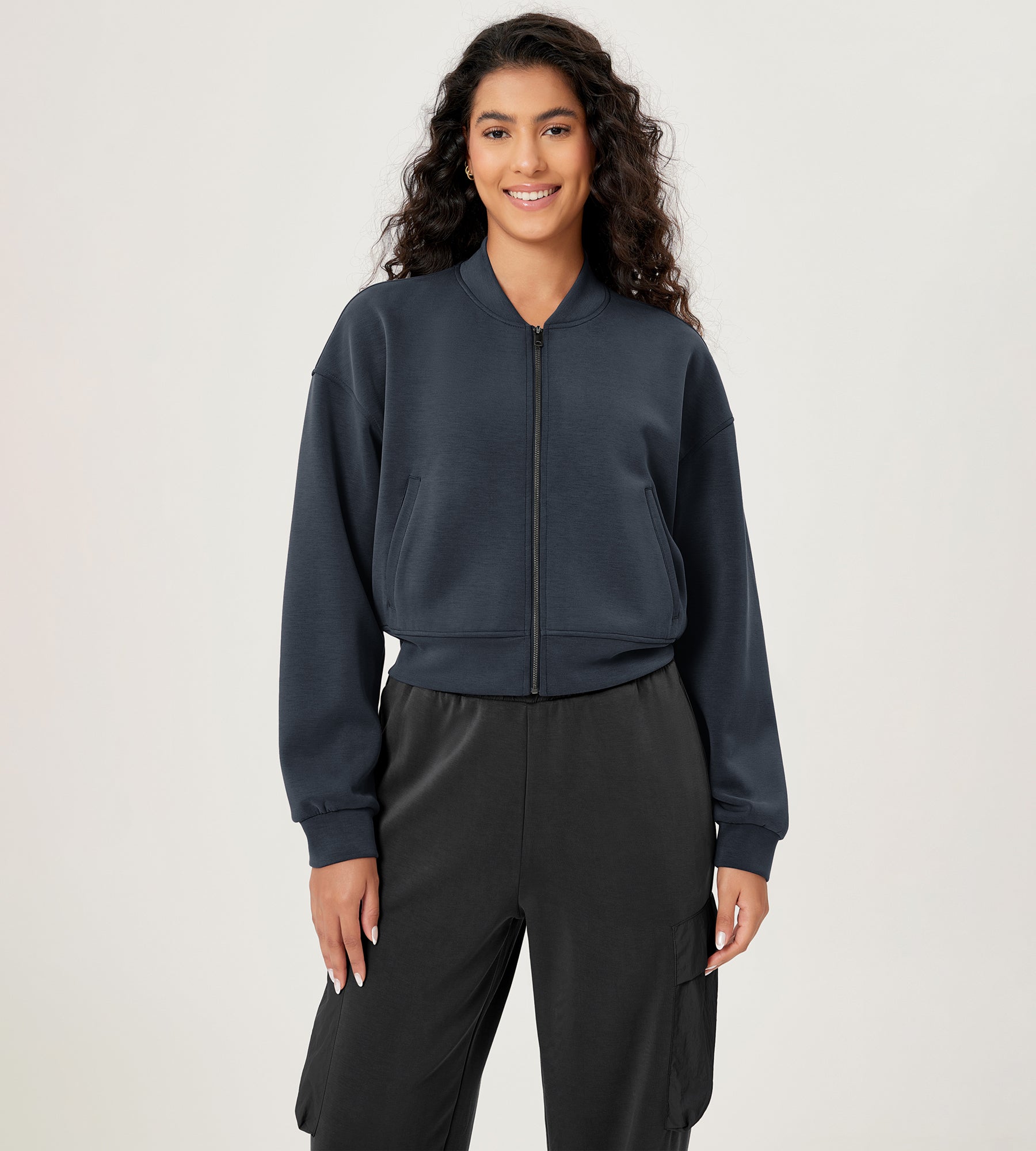 Modal Soft Full-Zip Bomber Casual Outfit Crop Jacket with Pockets Blue Navy - ododos