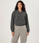 Modal Soft Full-Zip Bomber Casual Outfit Crop Jacket with Pockets Charcoal - ododos