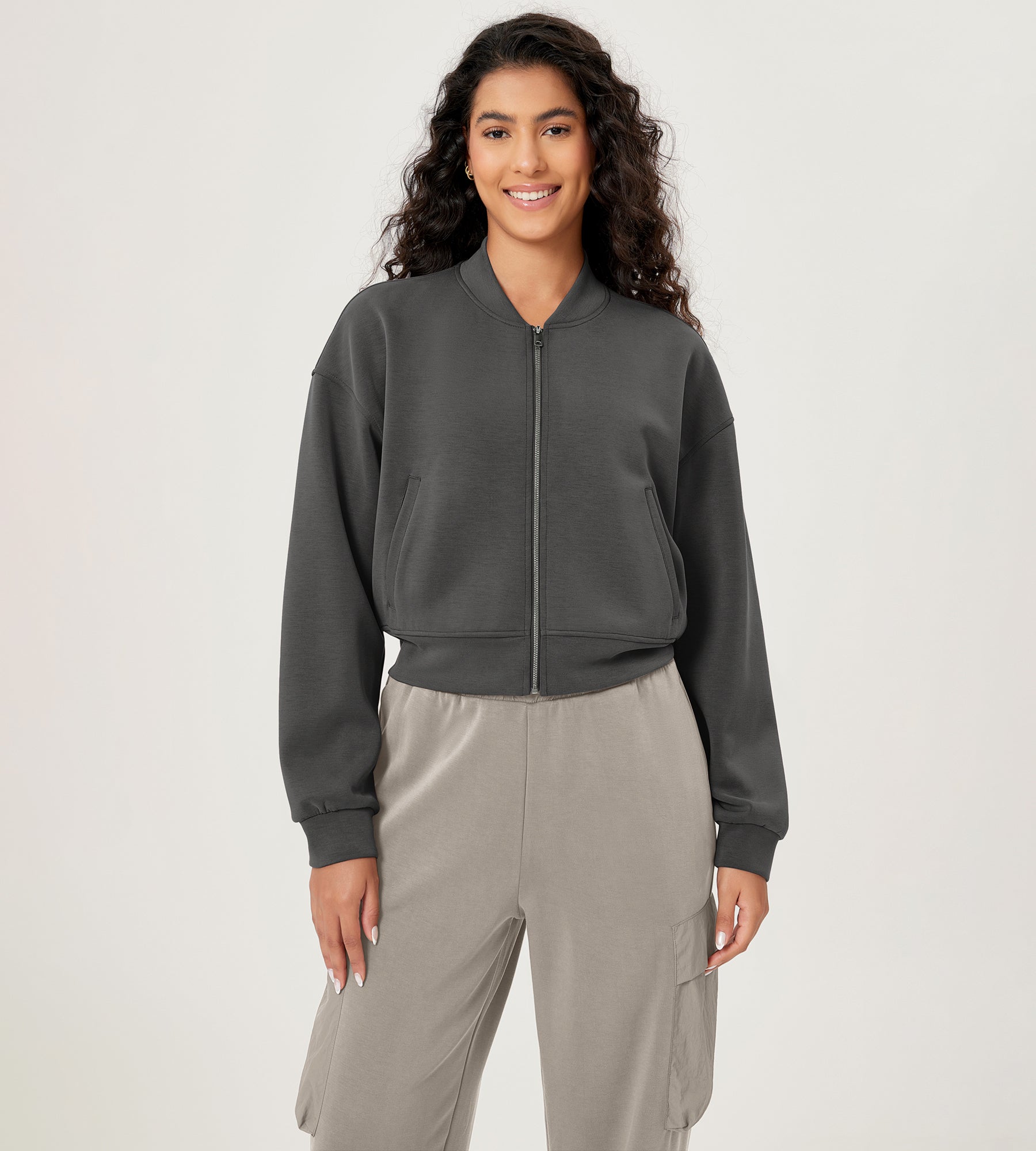 Modal Soft Full-Zip Bomber Casual Outfit Crop Jacket with Pockets Charcoal - ododos