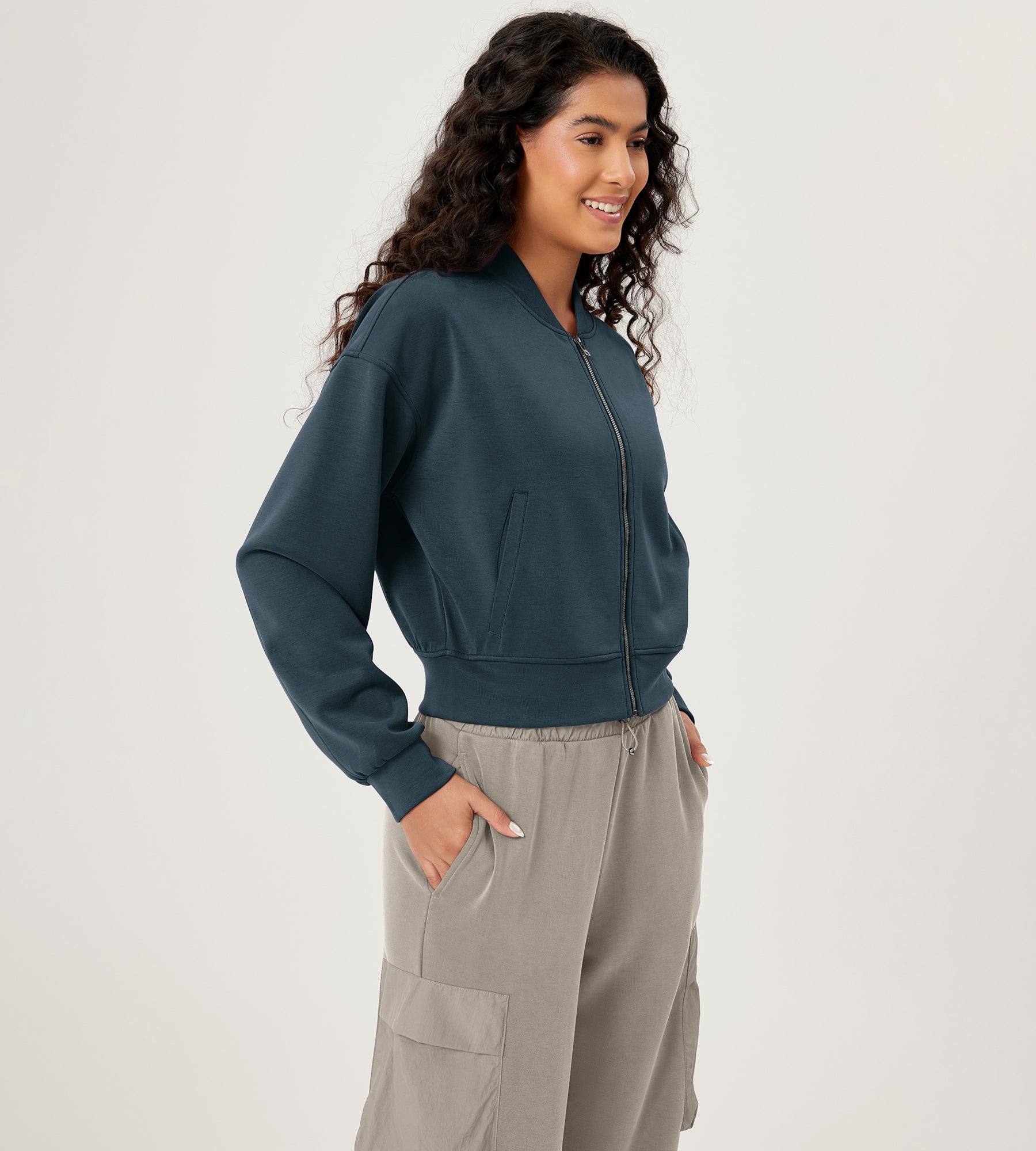 Modal Soft Full-Zip Bomber Casual Outfit Crop Jacket with Pockets - ododos