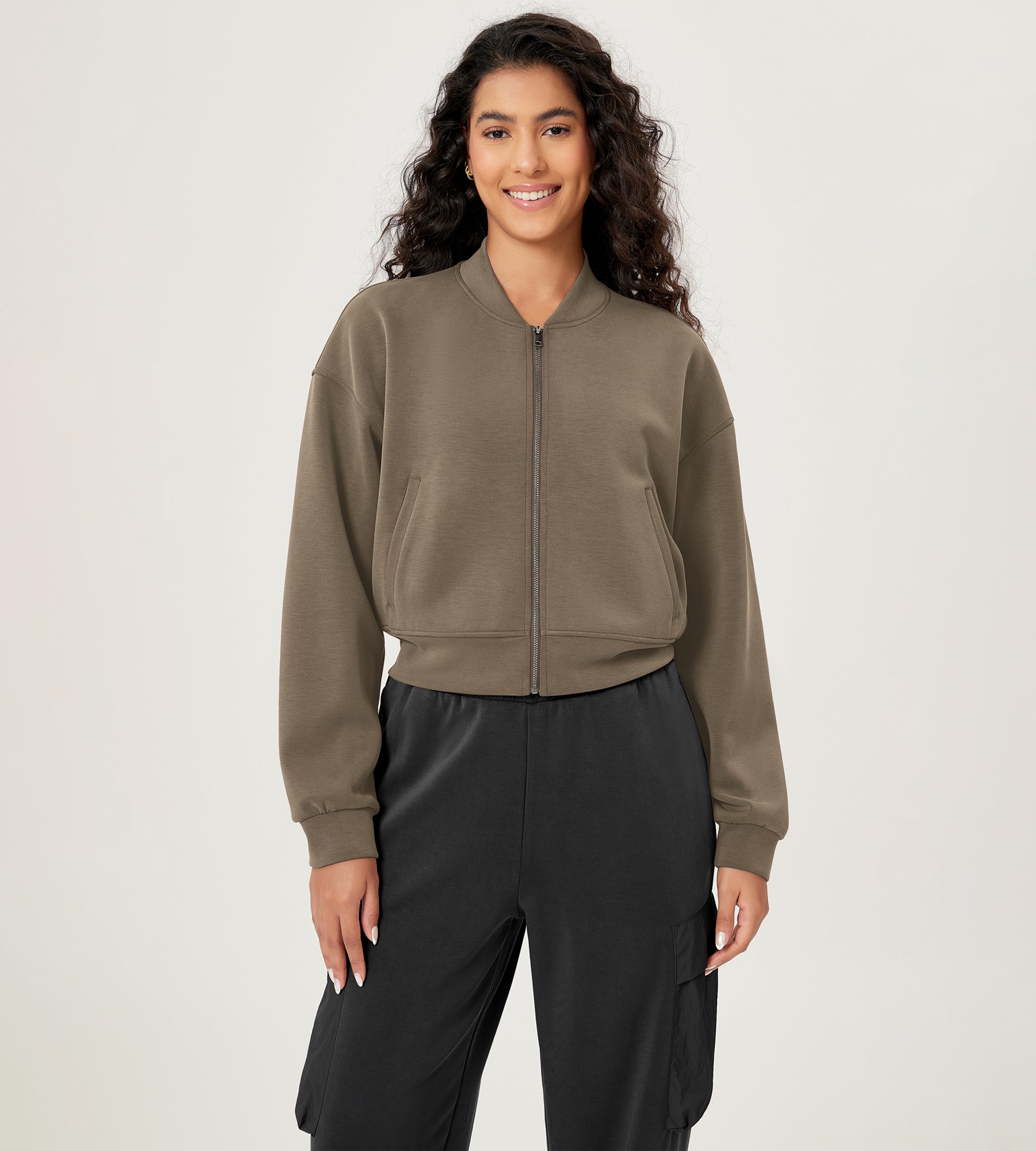 Modal Soft Full-Zip Bomber Casual Outfit Crop Jacket with Pockets Espresso - ododos