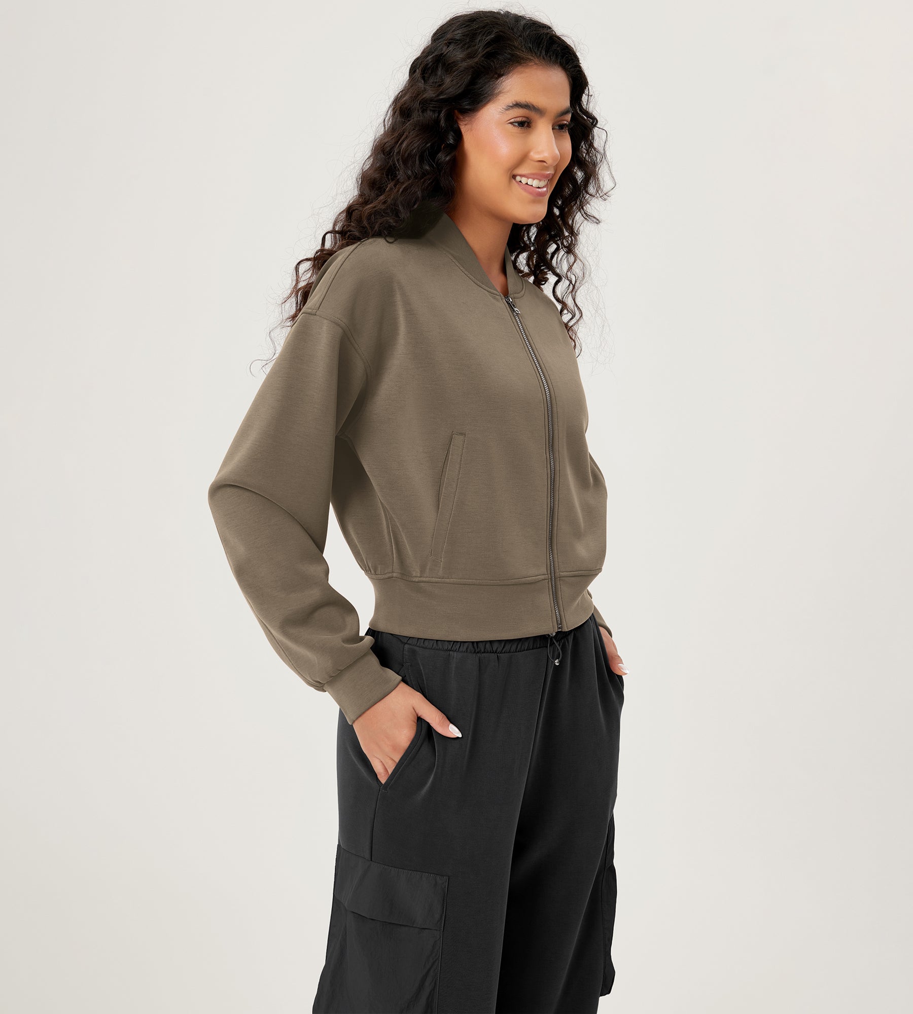 Modal Soft Full-Zip Bomber Casual Outfit Crop Jacket with Pockets - ododos