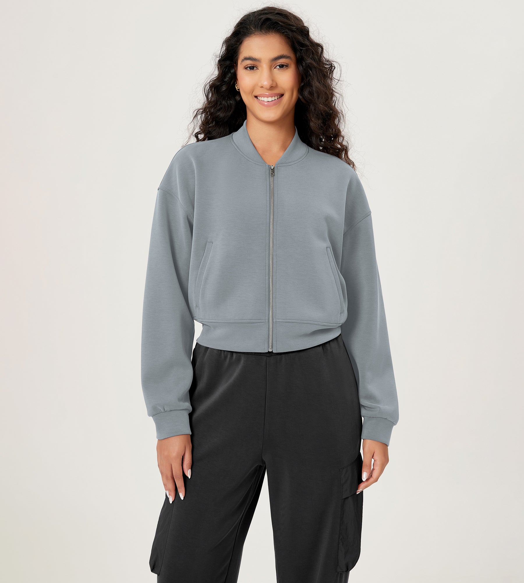 Modal Soft Full-Zip Bomber Casual Outfit Crop Jacket with Pockets Grey Blue - ododos