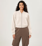 Modal Soft Full-Zip Bomber Casual Outfit Crop Jacket with Pockets Ivory - ododos