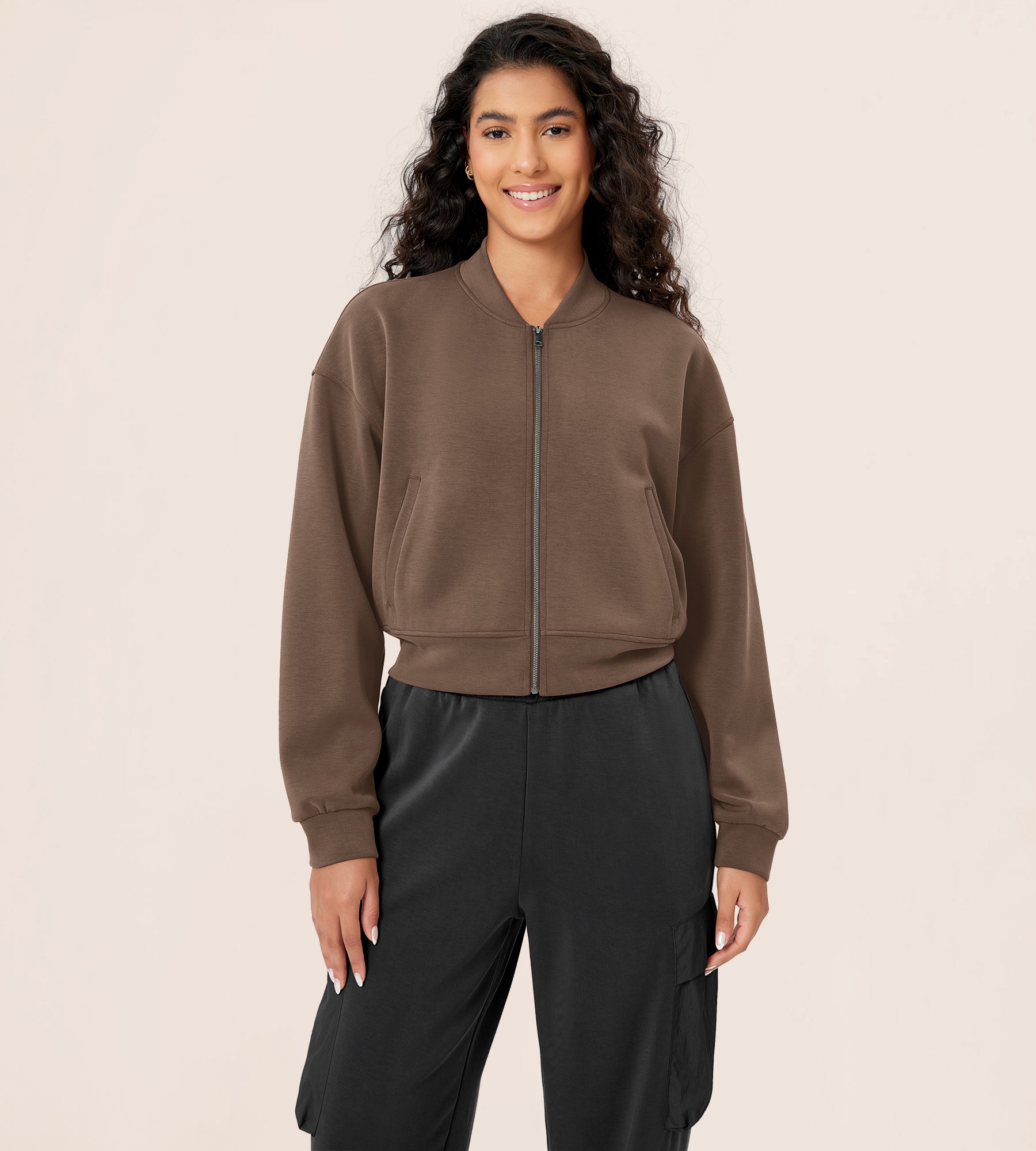 Modal Soft Full-Zip Bomber Casual Outfit Crop Jacket with Pockets Nutria - ododos