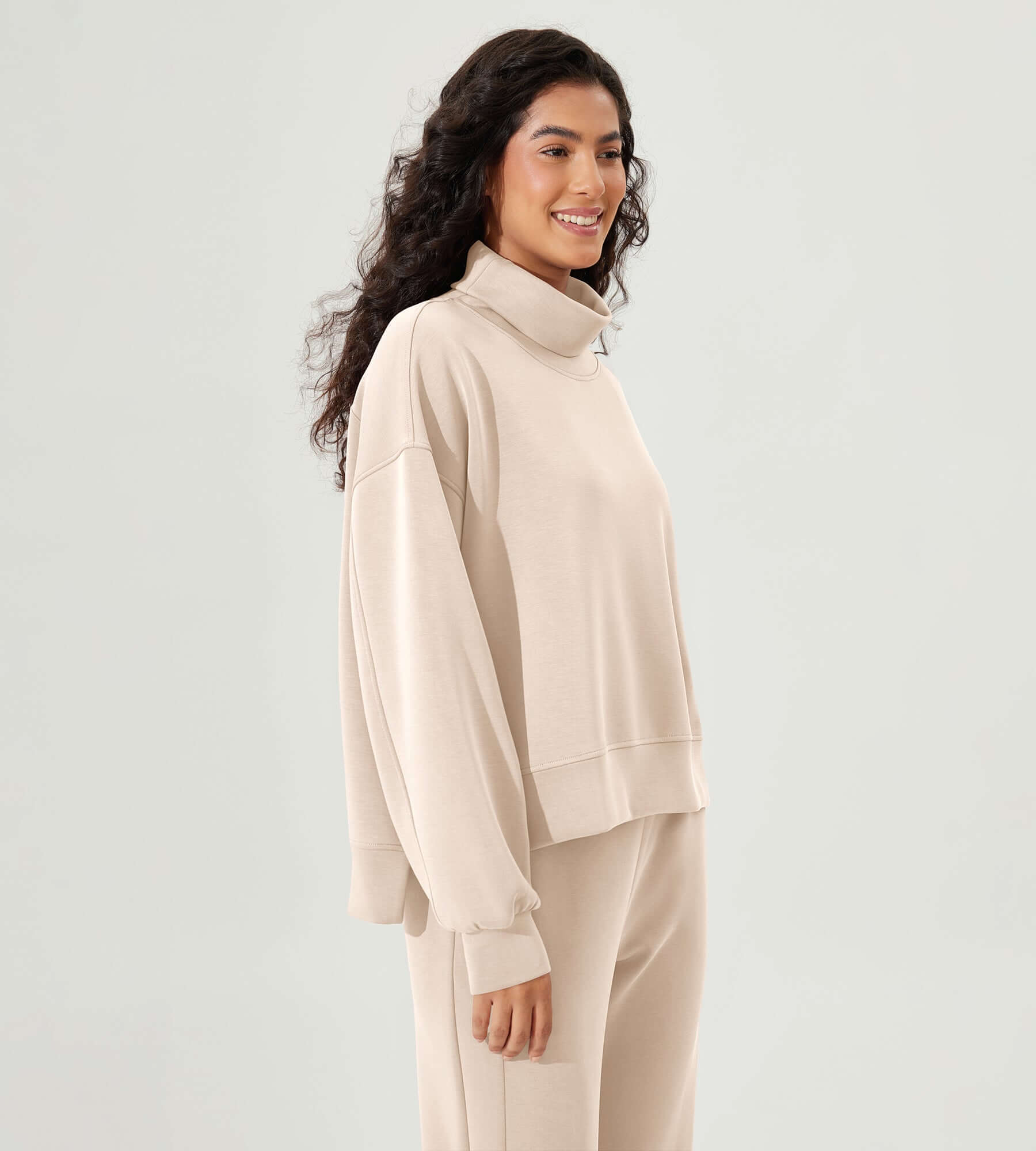 Modal Soft Split Hem Turtleneck Long Sleeve Casual Sweatshirts - ododos