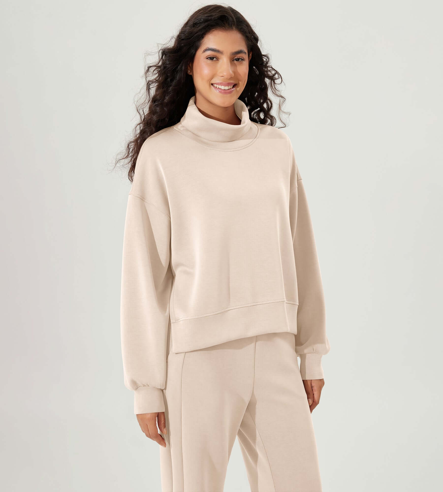 Modal Soft Split Hem Turtleneck Long Sleeve Casual Sweatshirts Beige - ododos