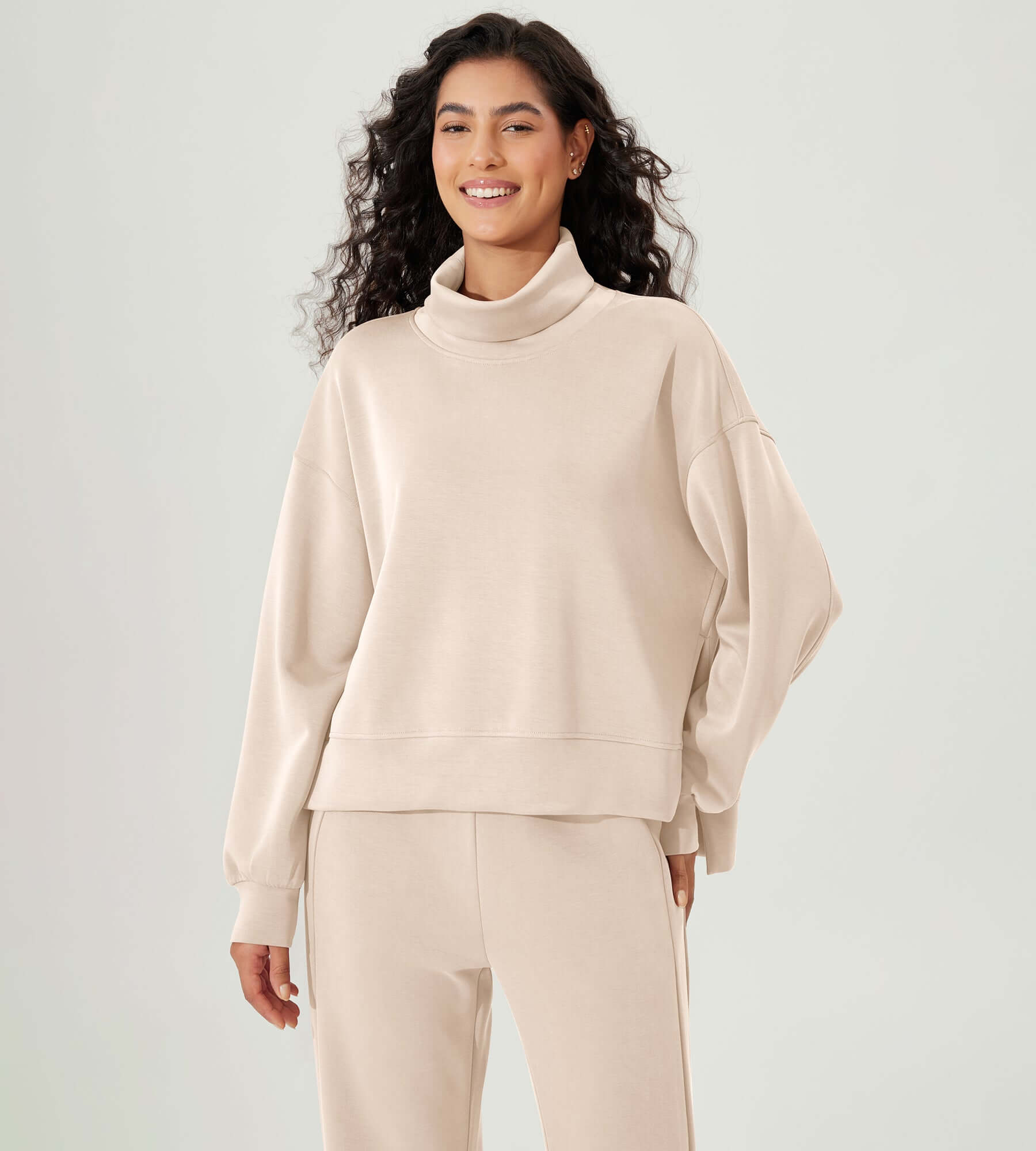 Modal Soft Split Hem Turtleneck Long Sleeve Casual Sweatshirts - ododos