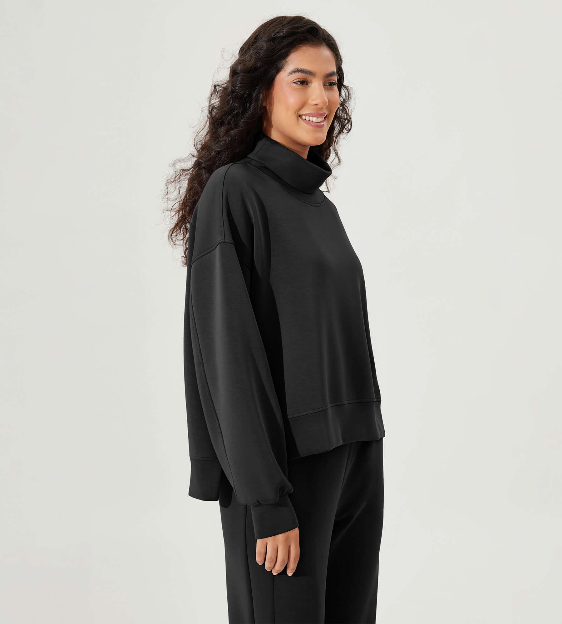 Modal Soft Split Hem Turtleneck Long Sleeve Casual Sweatshirts - ododos