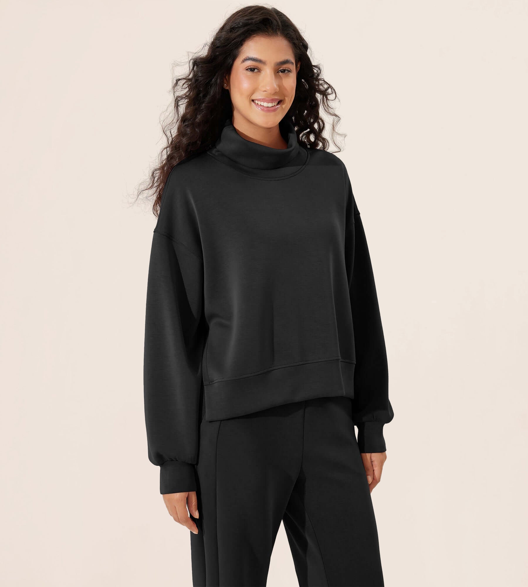 Modal Soft Split Hem Turtleneck Long Sleeve Casual Sweatshirts - ododos