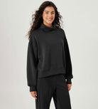 Modal Soft Split Hem Turtleneck Long Sleeve Casual Sweatshirts Black - ododos