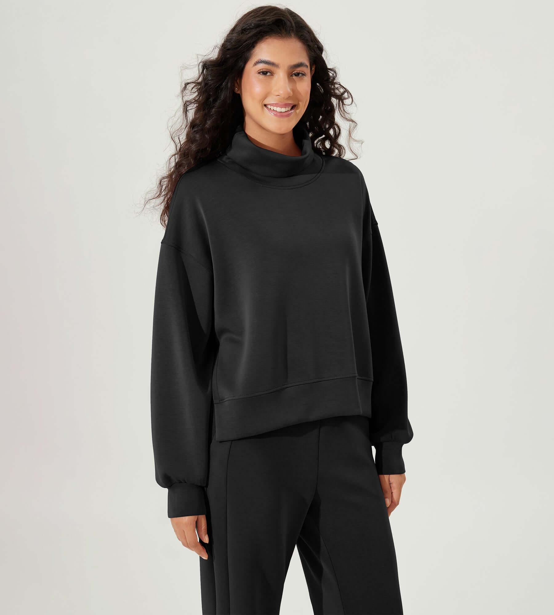 Modal Soft Split Hem Turtleneck Long Sleeve Casual Sweatshirts Black - ododos