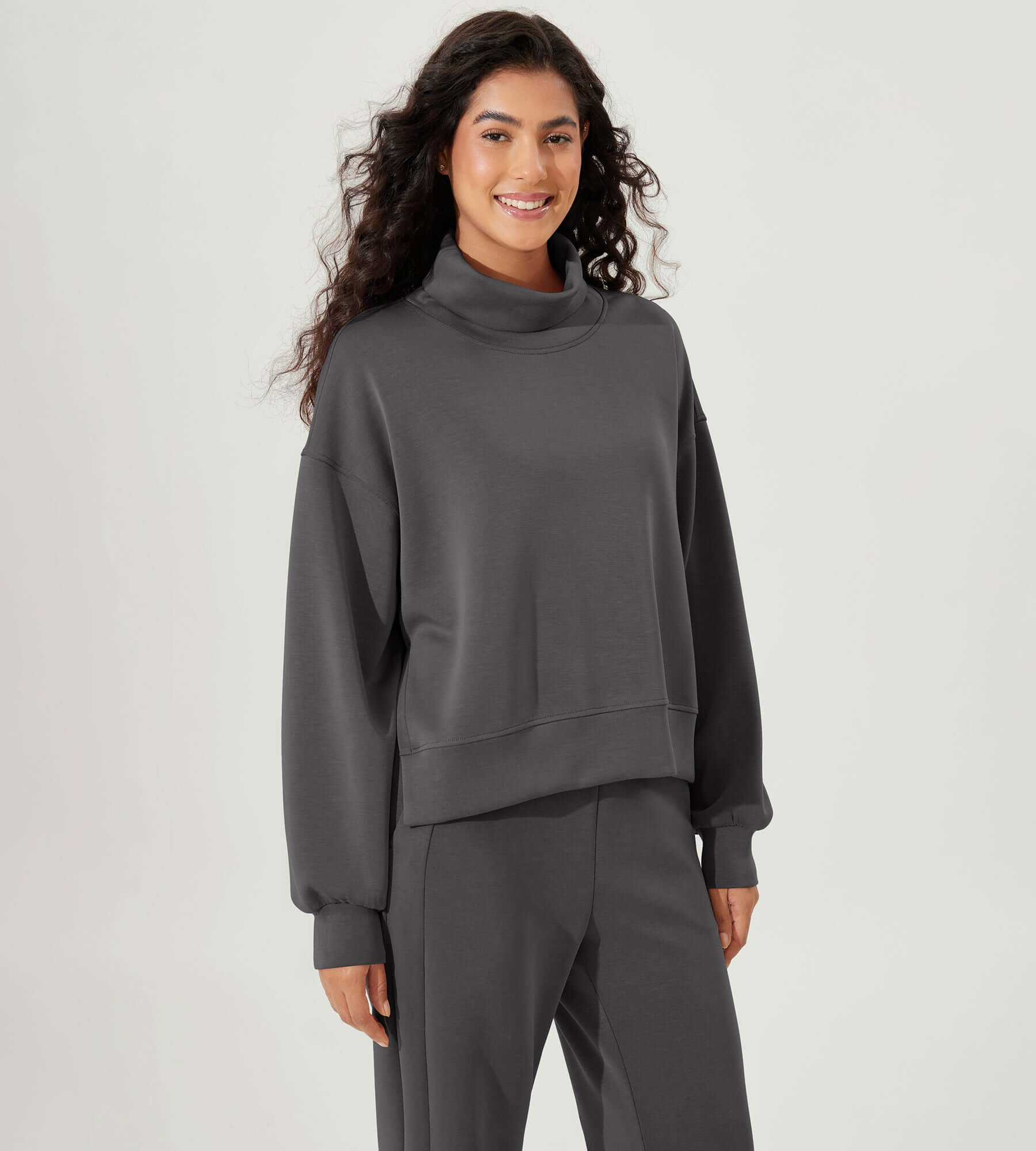 Modal Soft Split Hem Turtleneck Long Sleeve Casual Sweatshirts Charcoal - ododos