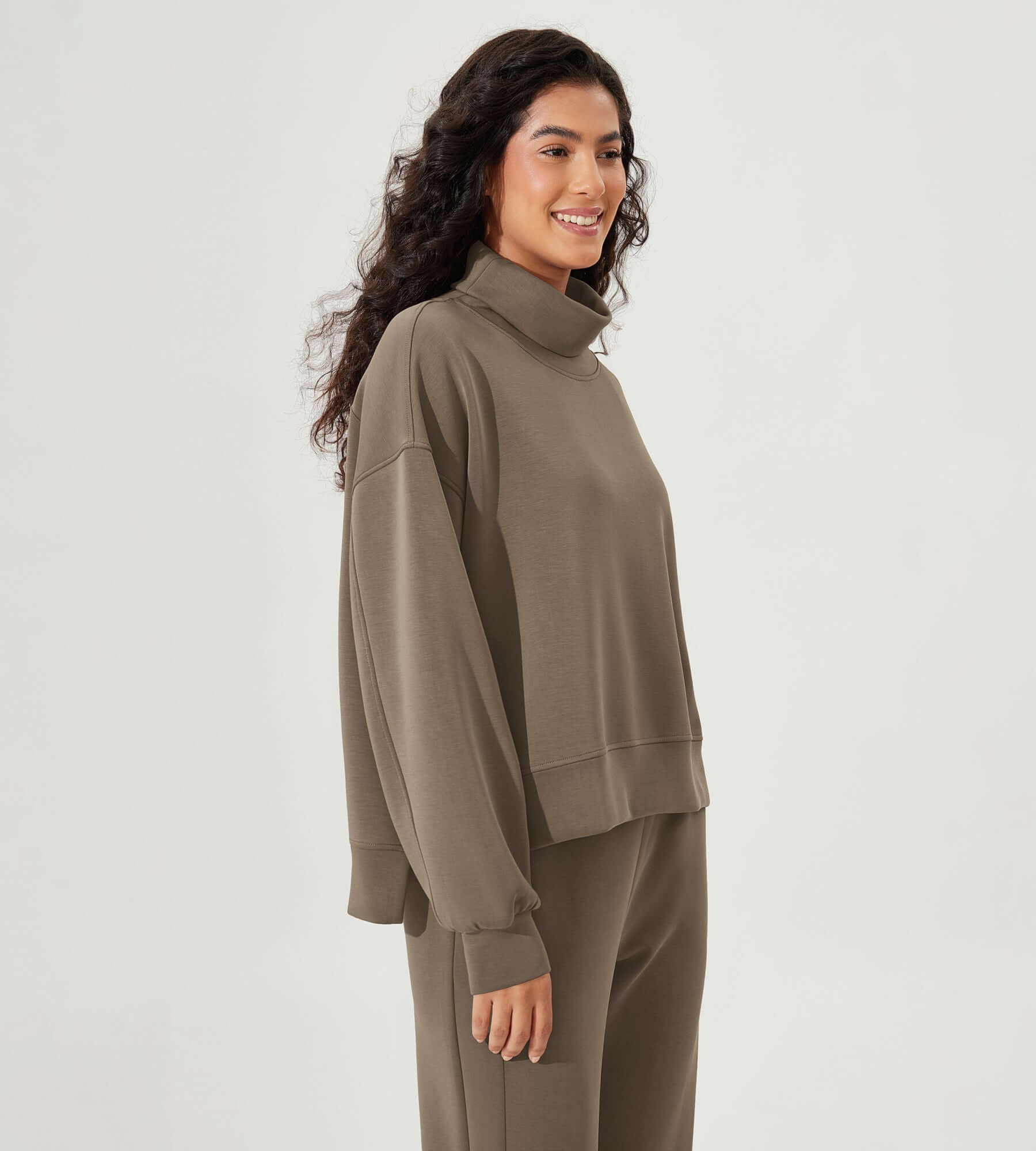 Modal Soft Split Hem Turtleneck Long Sleeve Casual Sweatshirts - ododos