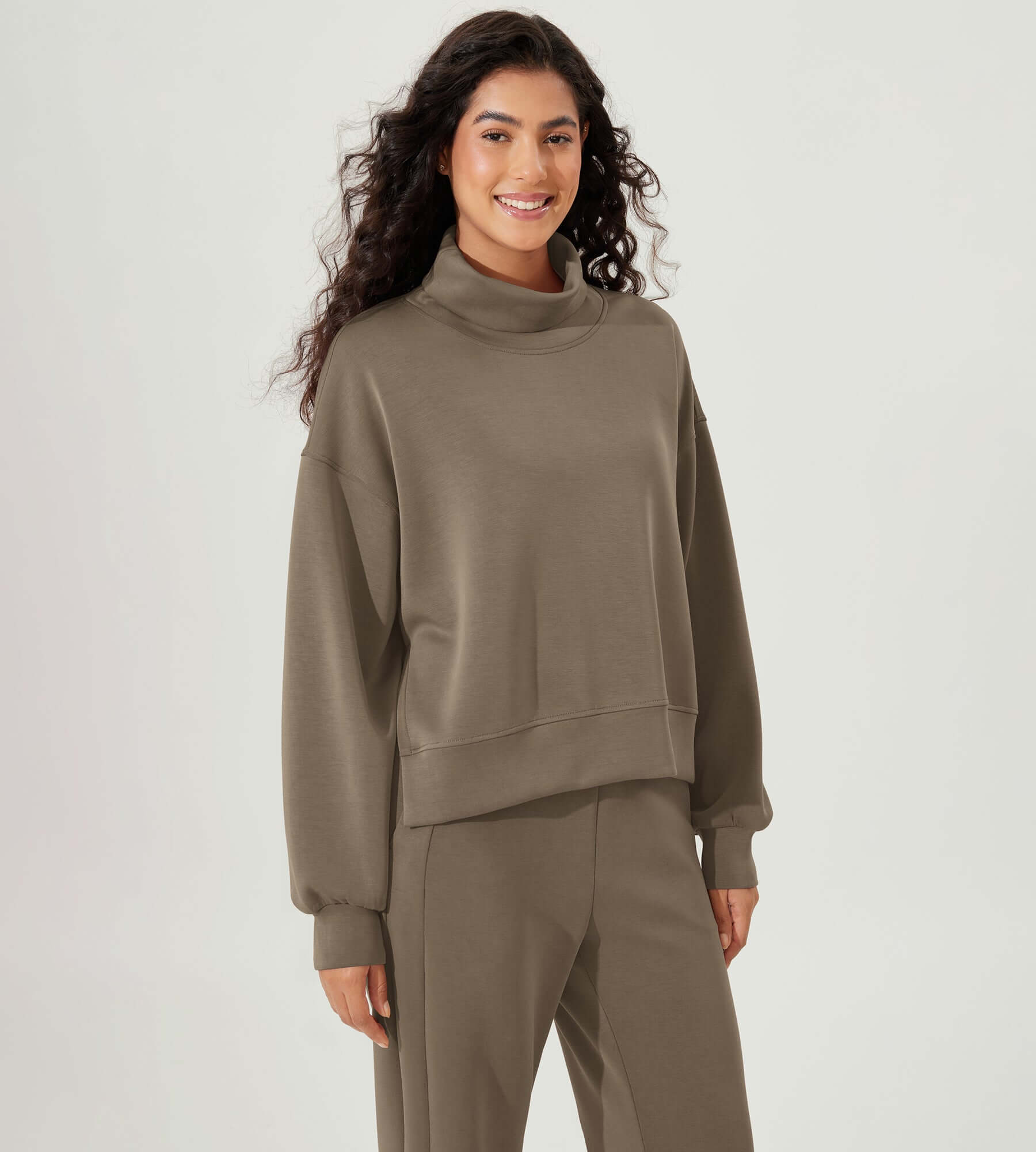 Modal Soft Split Hem Turtleneck Long Sleeve Casual Sweatshirts Espresso - ododos