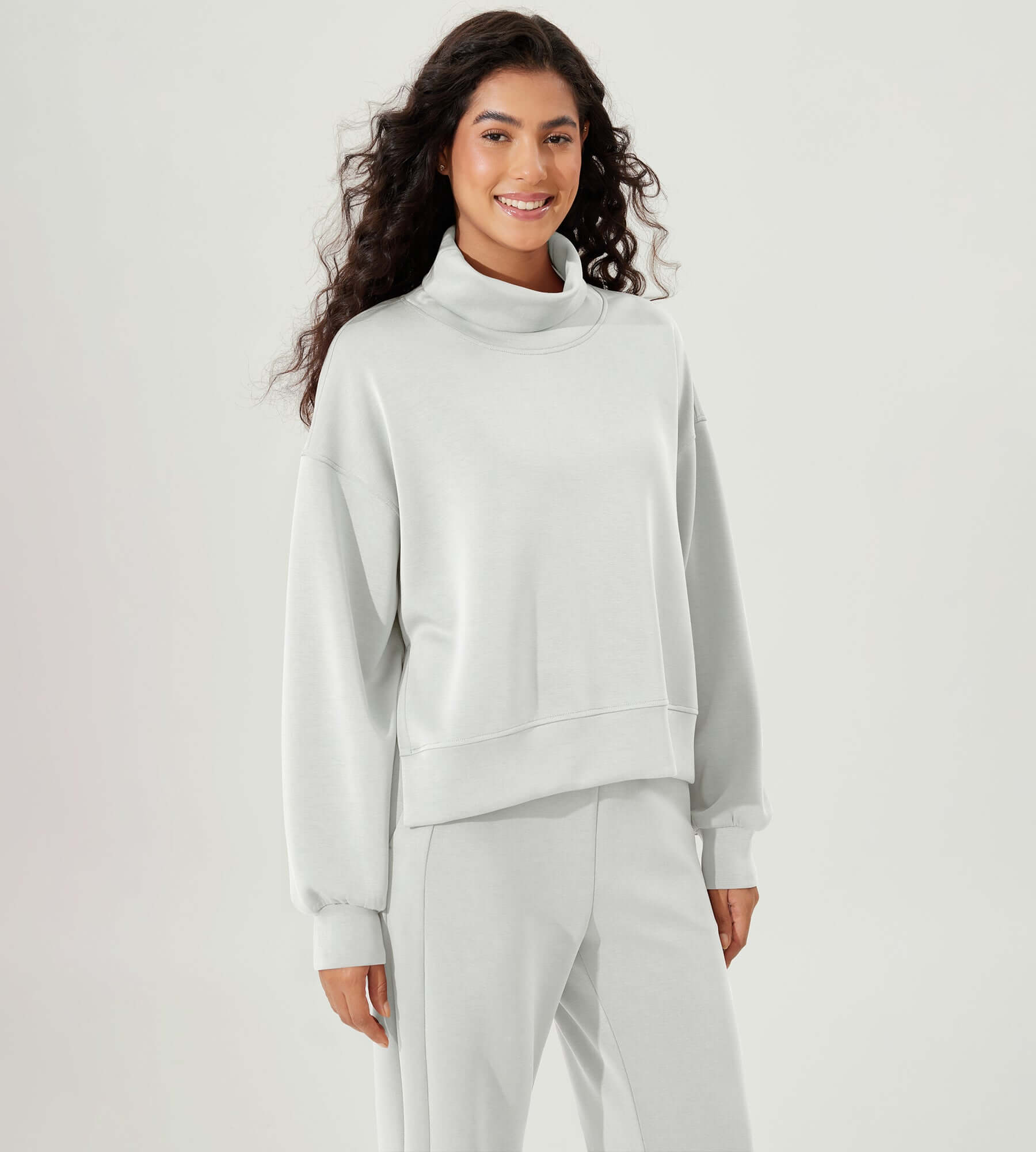 Modal Soft Split Hem Turtleneck Long Sleeve Casual Sweatshirts Frosted Mint - ododos