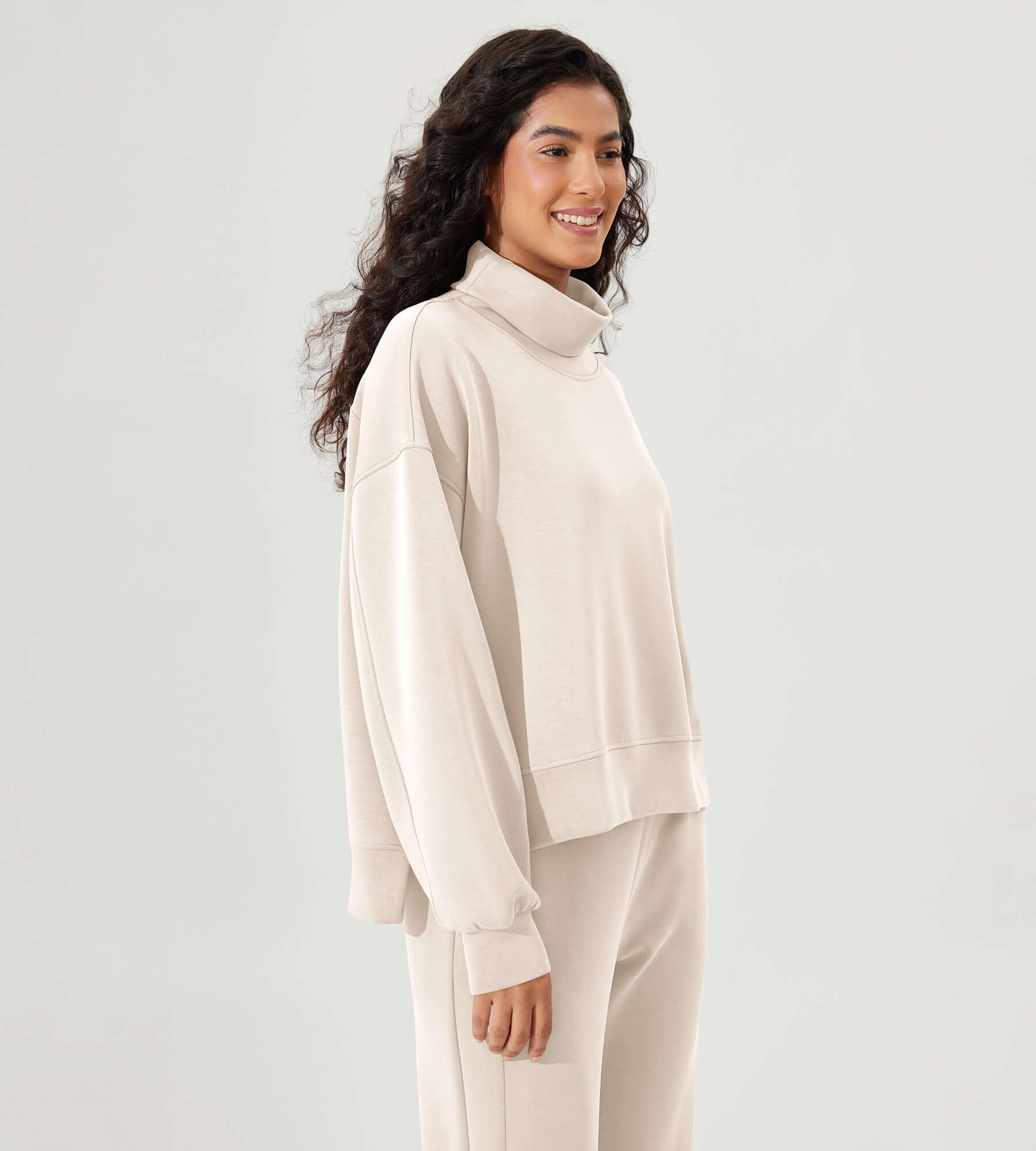 Modal Soft Split Hem Turtleneck Long Sleeve Casual Sweatshirts - ododos