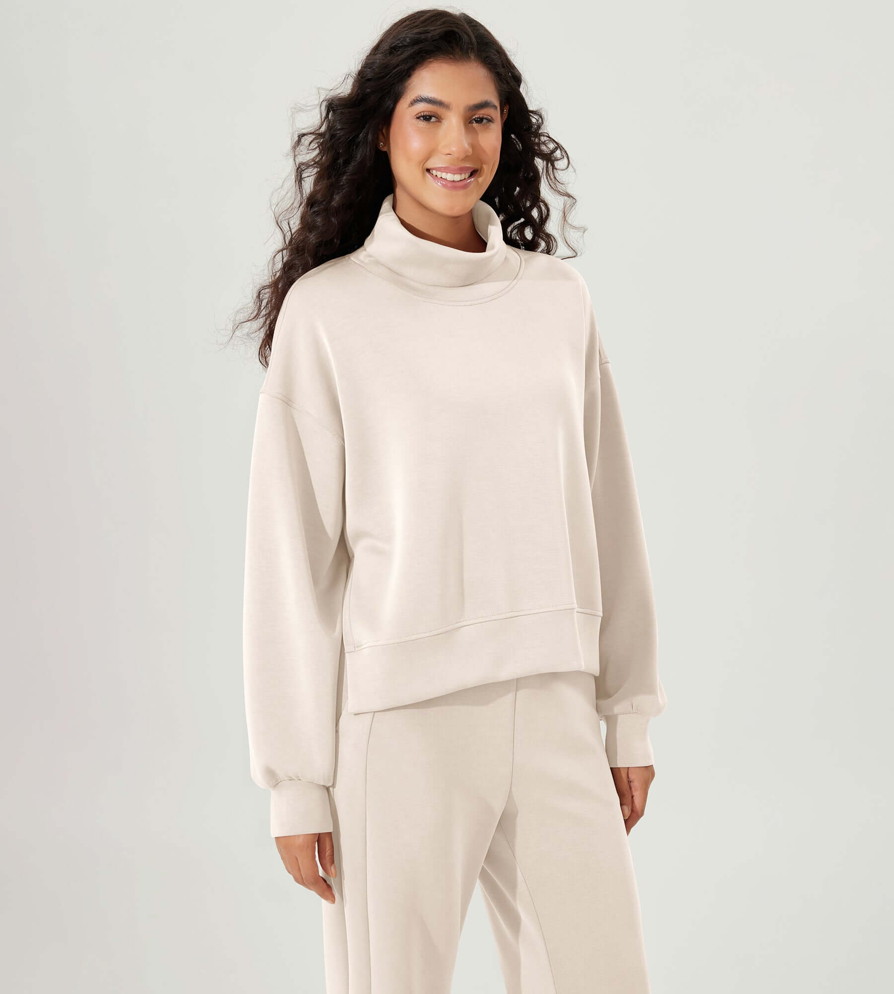 Modal Soft Split Hem Turtleneck Long Sleeve Casual Sweatshirts Ivory - ododos