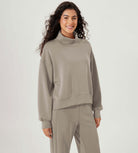 Modal Soft Split Hem Turtleneck Long Sleeve Casual Sweatshirts Khaki - ododos