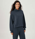 Modal Soft Split Hem Turtleneck Long Sleeve Casual Sweatshirts Navy - ododos