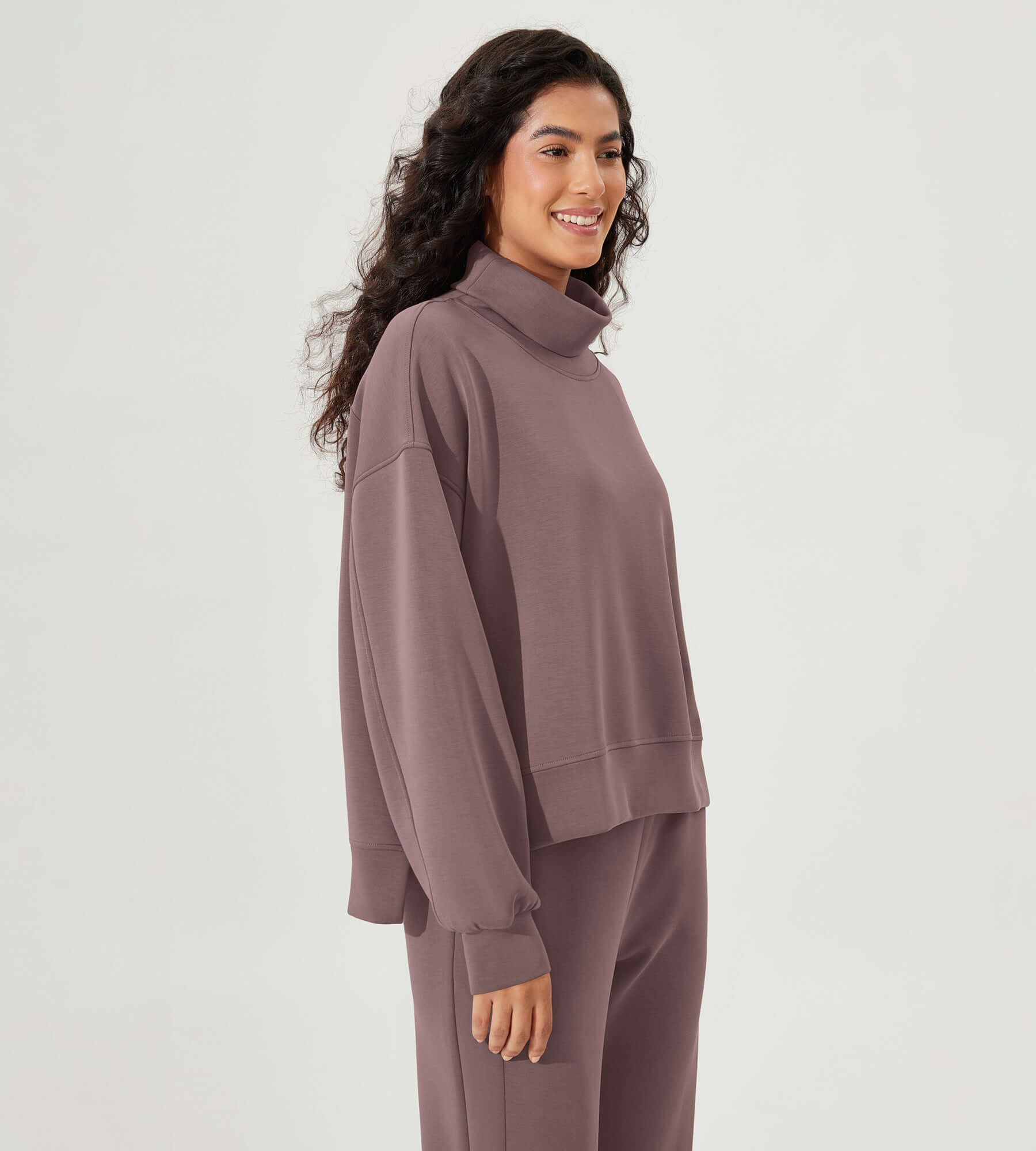 Modal Soft Split Hem Turtleneck Long Sleeve Casual Sweatshirts - ododos