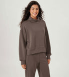 Modal Soft Split Hem Turtleneck Long Sleeve Casual Sweatshirts Wood Brown - ododos