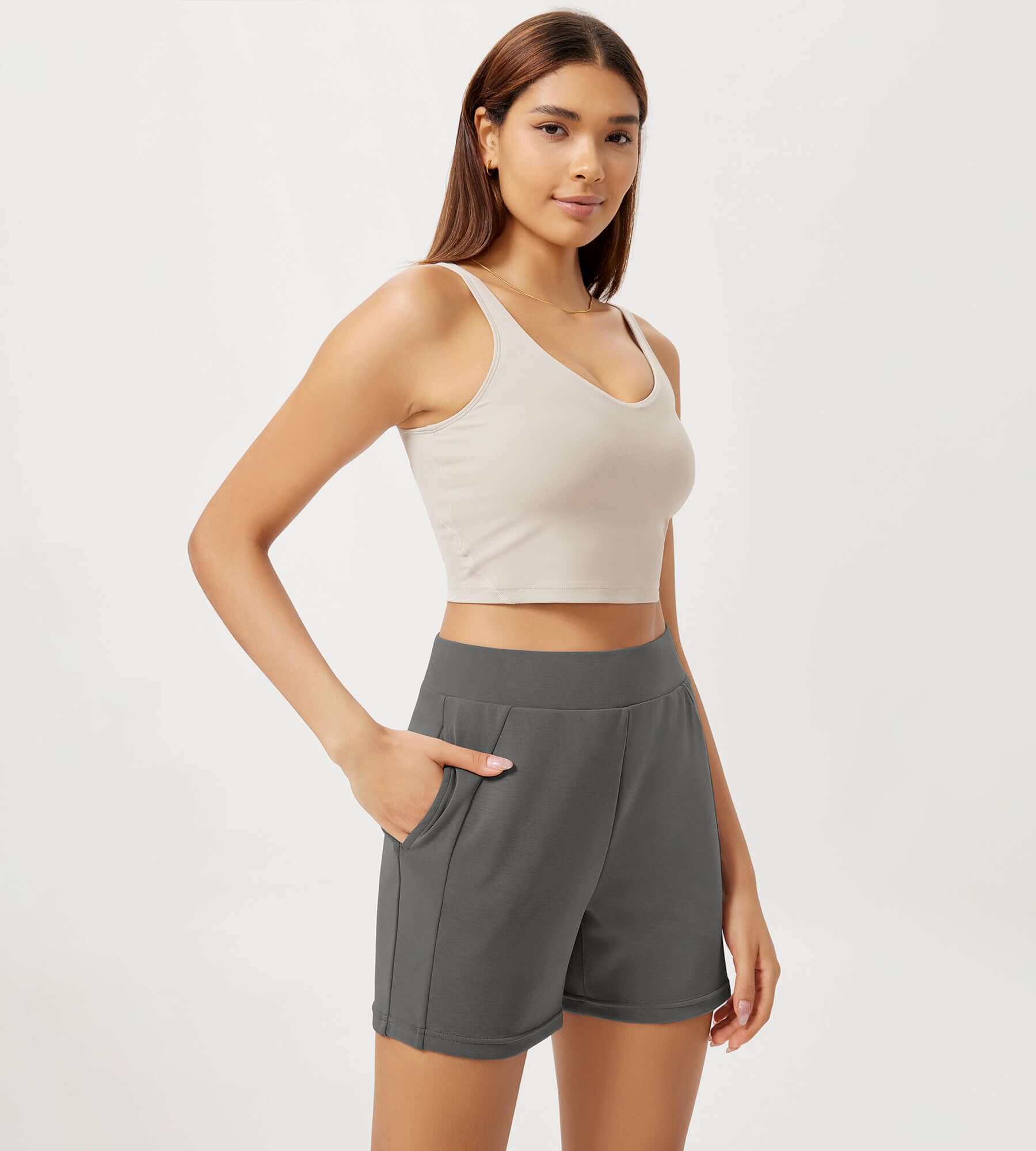 Modal Soft High Waist Casual Shorts with Pockets Charcoal - ododos