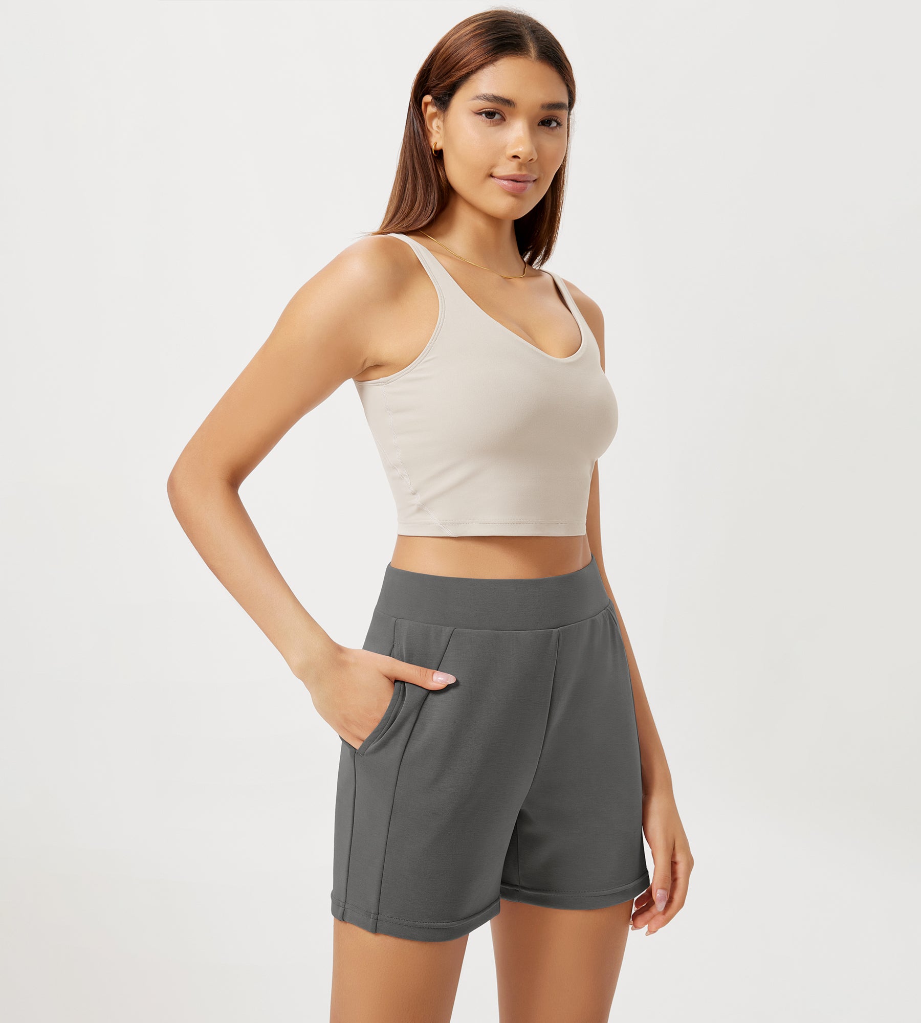 Modal Soft High Waist Casual Shorts with Pockets Charcoal - ododos