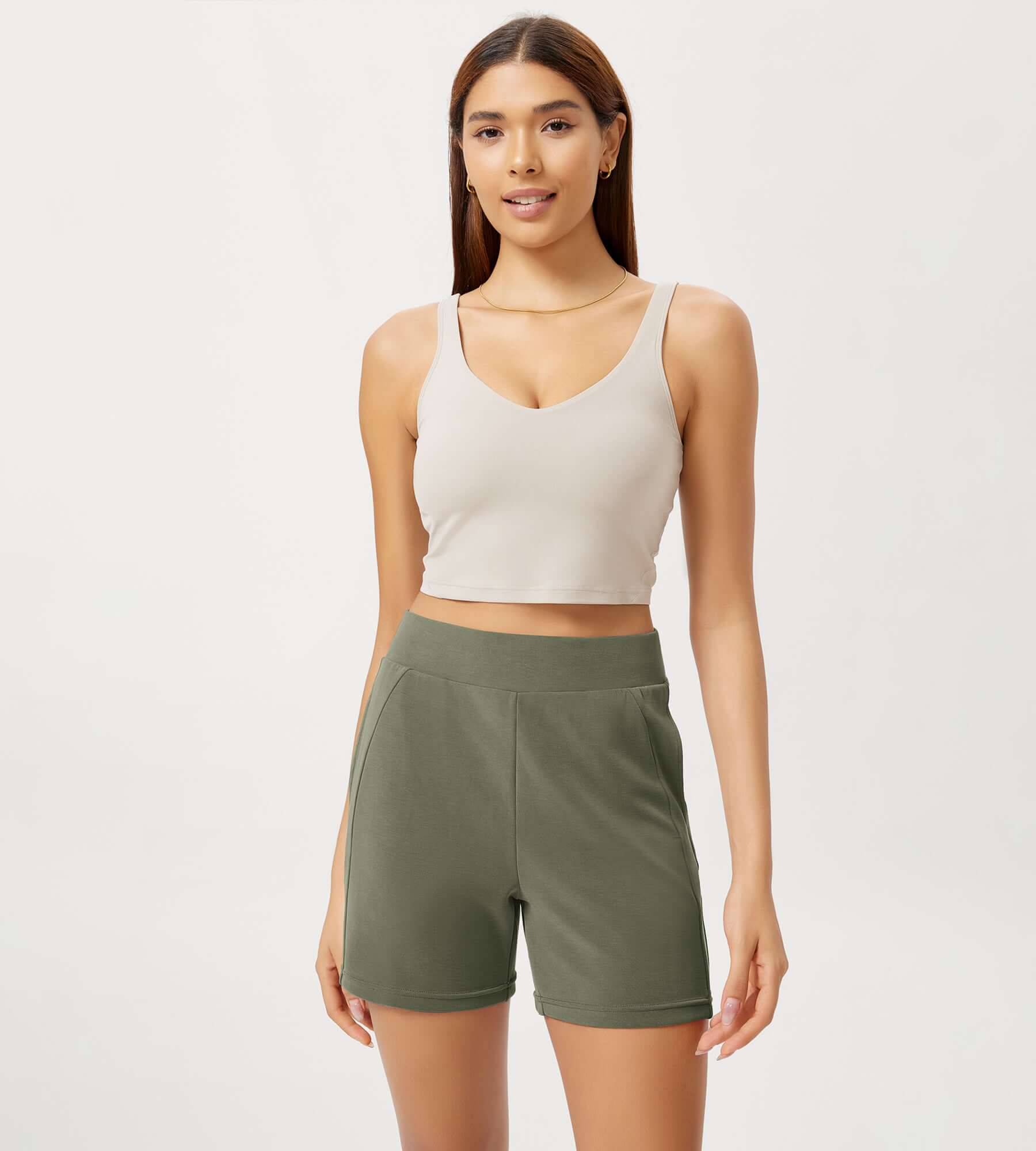 Modal Soft High Waist Casual Shorts with Pockets Dark Sage - ododos