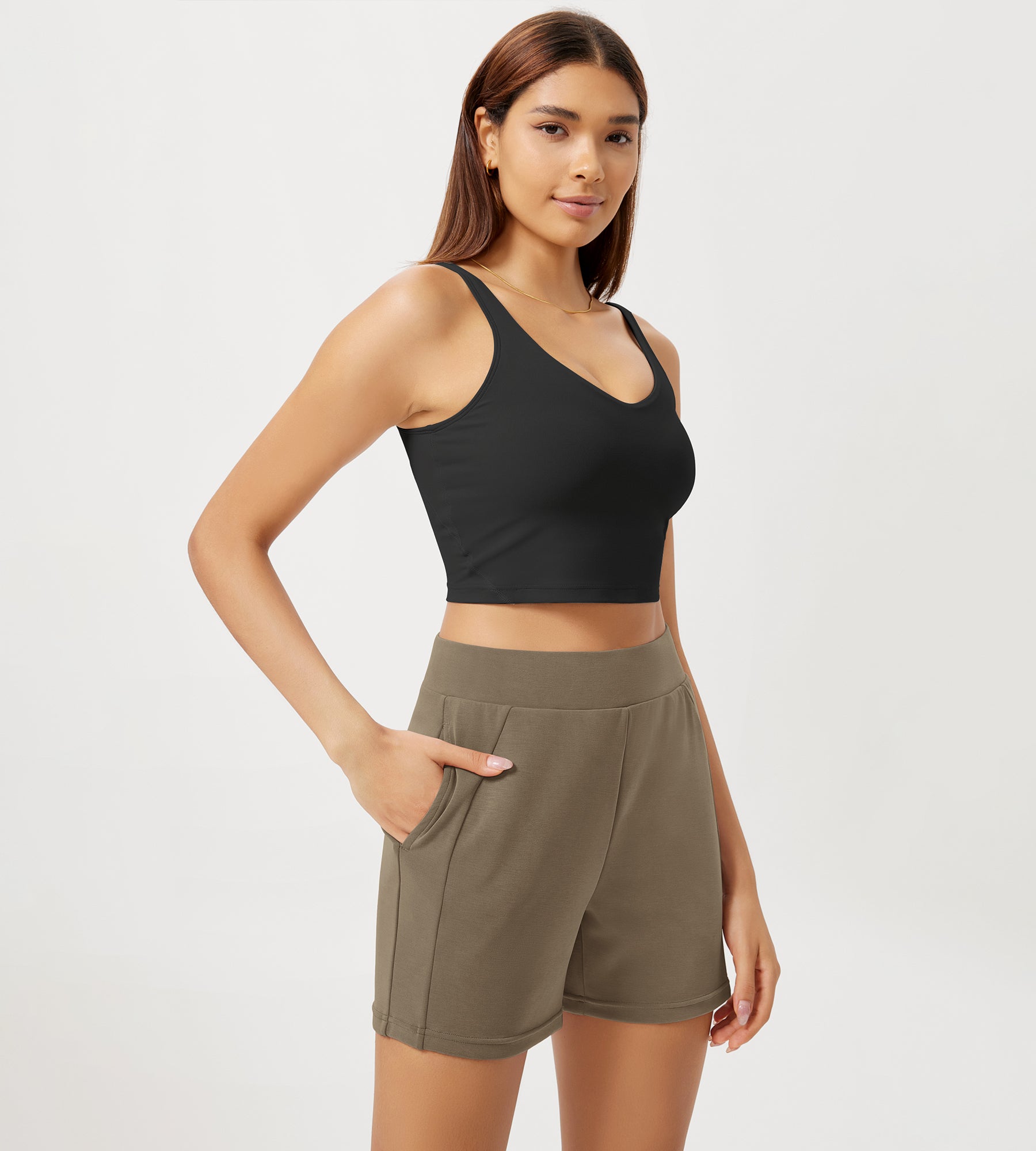 Modal Soft High Waist Casual Shorts with Pockets Espresso - ododos