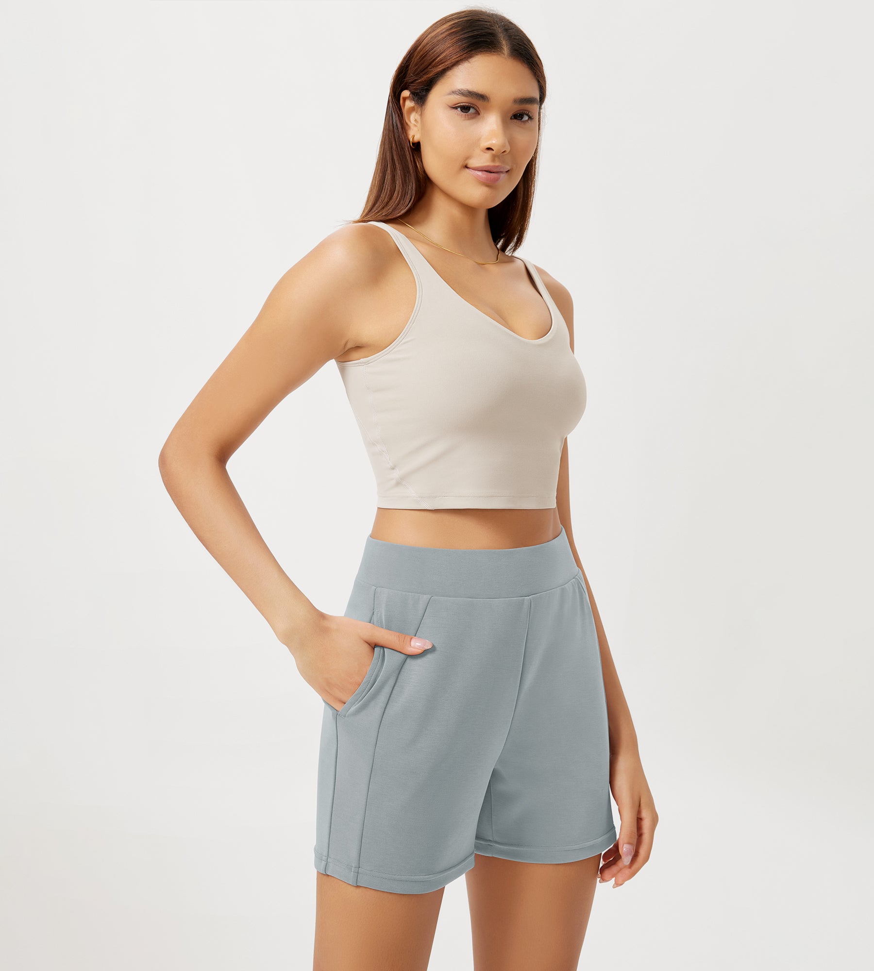 Modal Soft High Waist Casual Shorts with Pockets Grey Blue - ododos