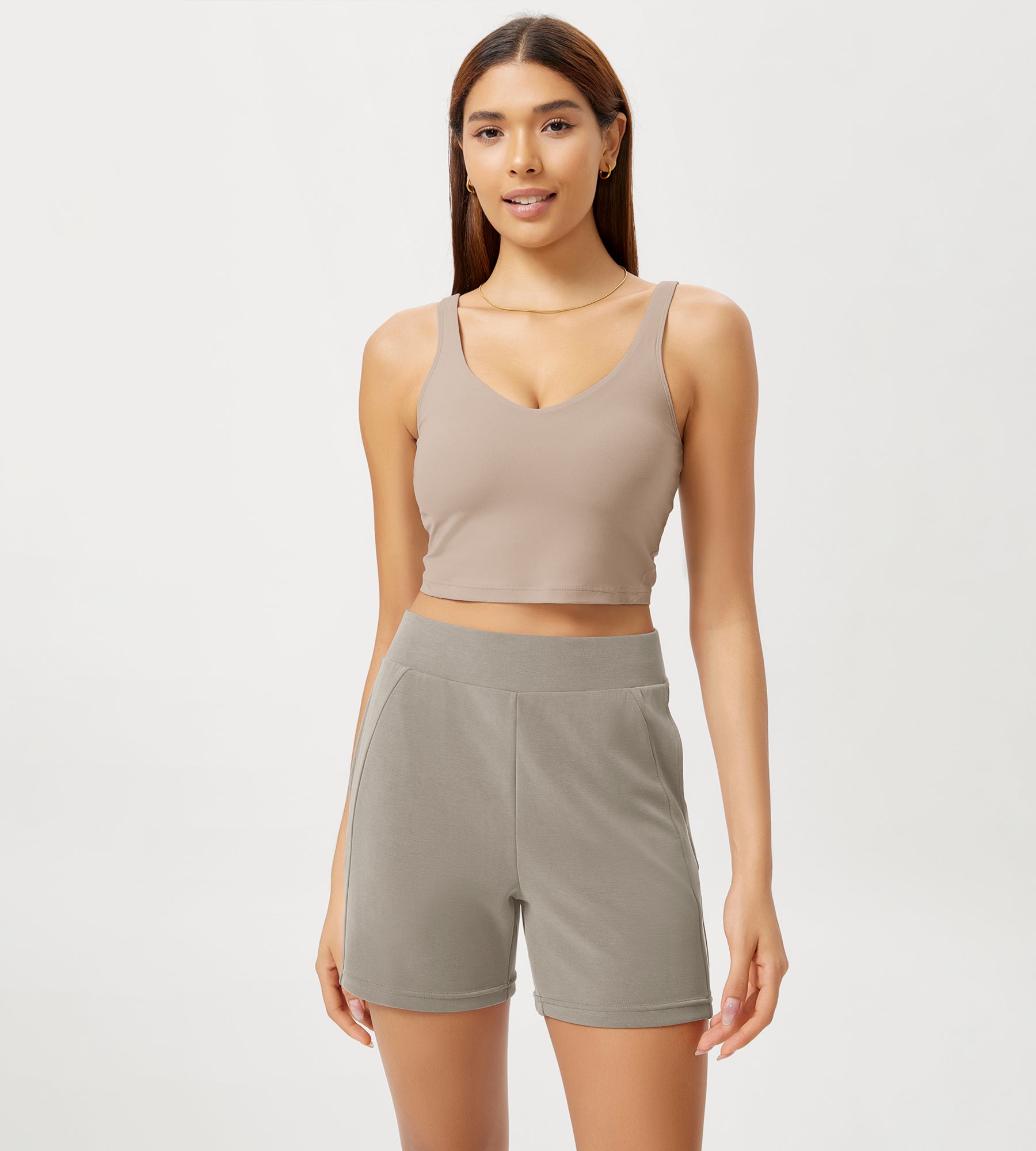 Modal Soft High Waist Casual Shorts with Pockets Khaki - ododos