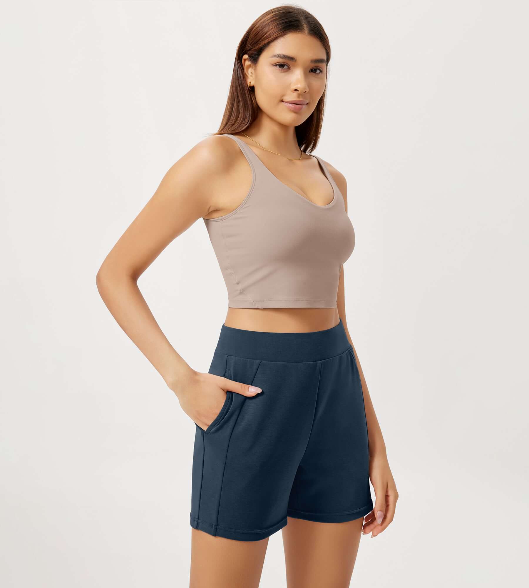 Modal Soft High Waist Casual Shorts with Pockets Navy - ododos