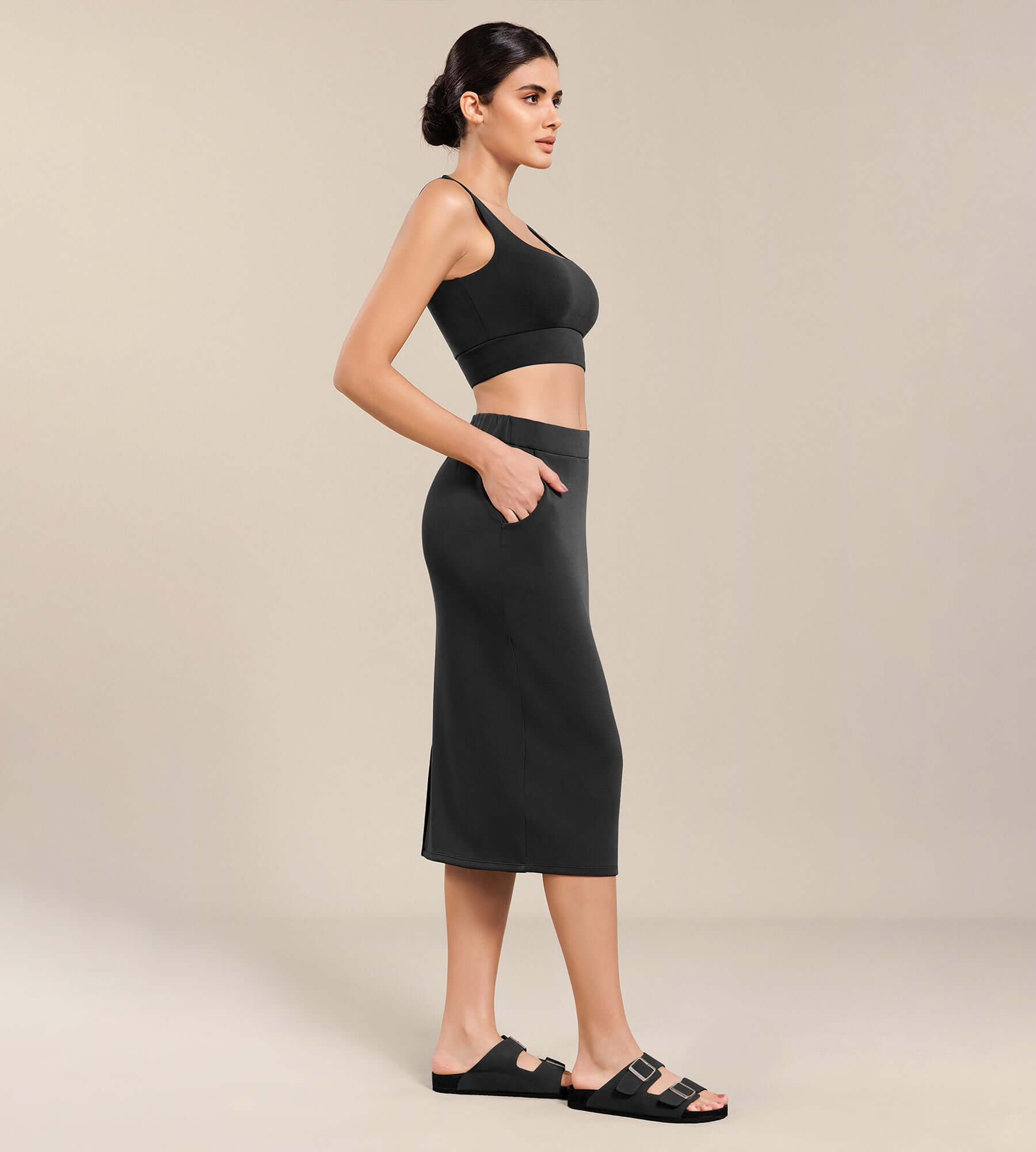 Women's Modal Soft High Waist Back Slit Midi Skirt with Pockets - ododos