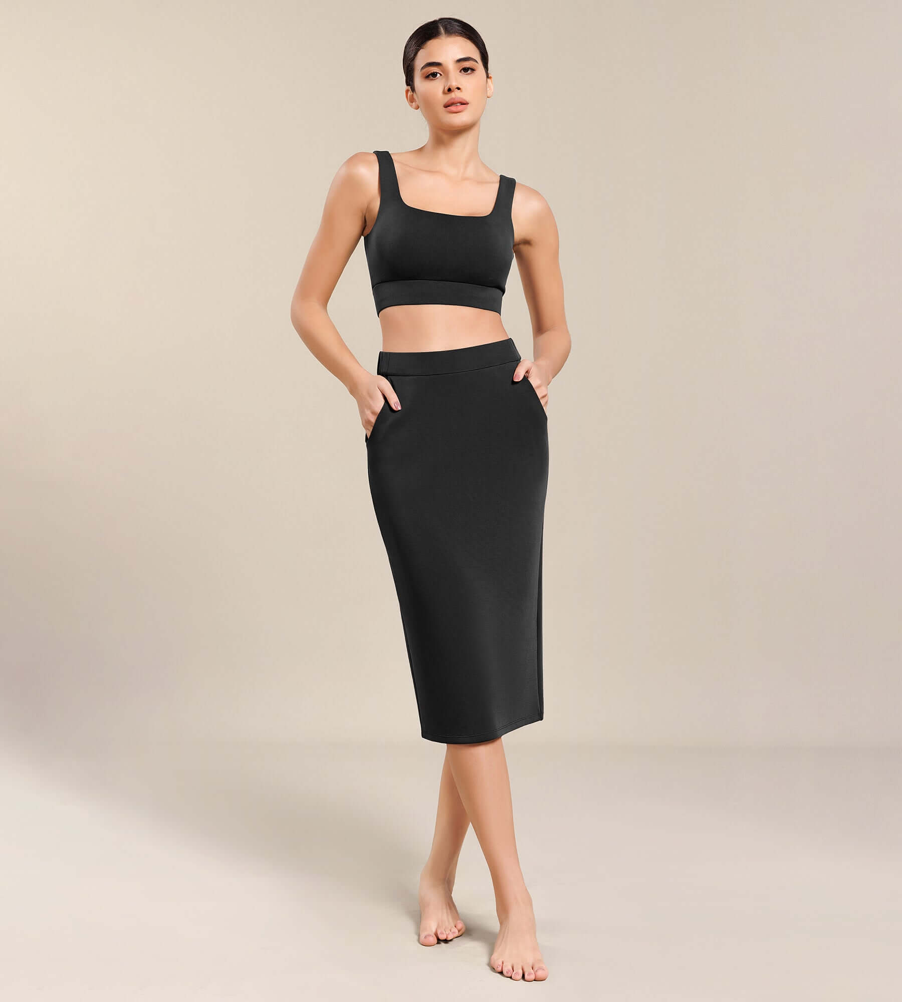 Women's Modal Soft High Waist Back Slit Midi Skirt with Pockets - ododos